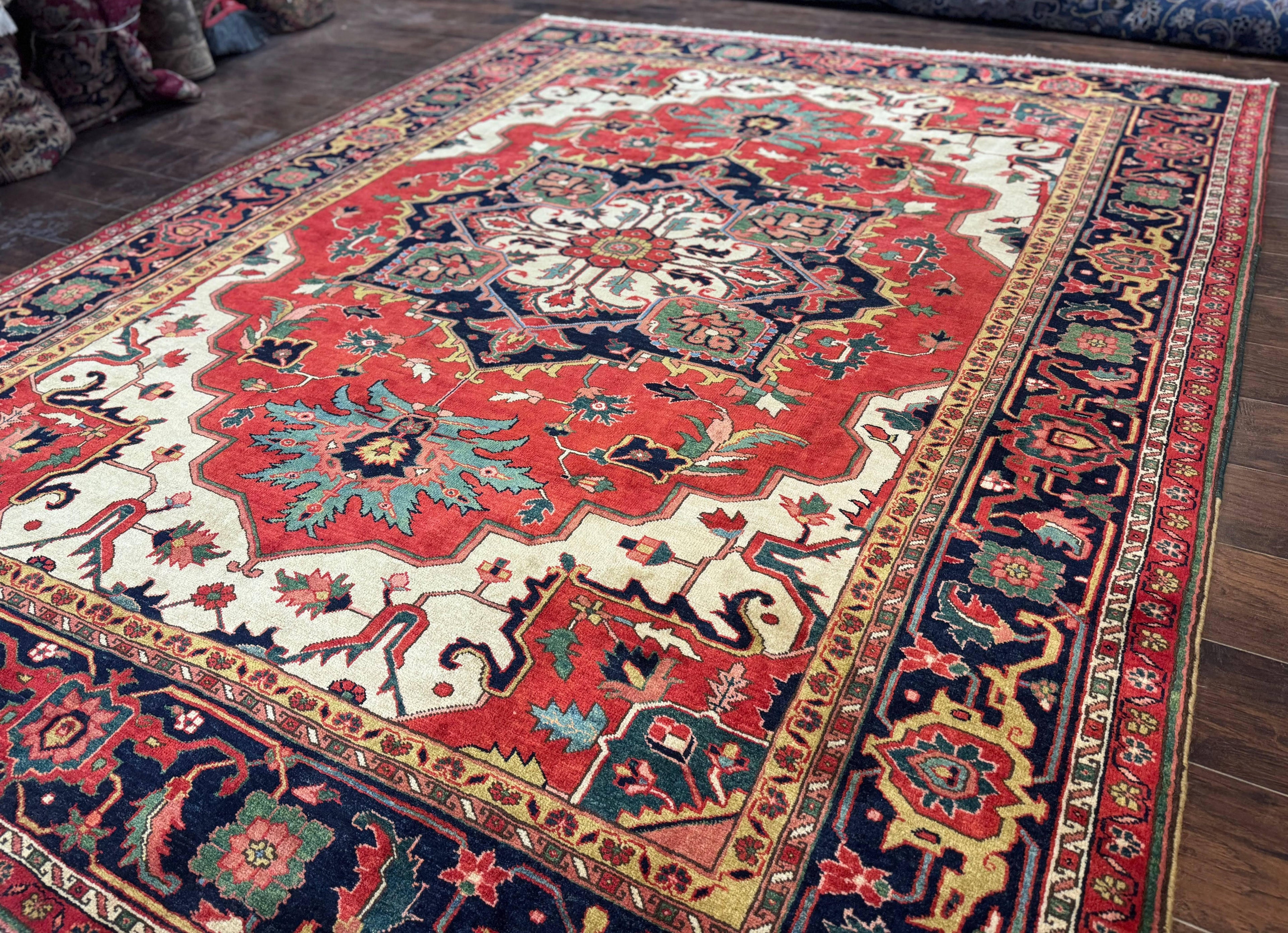 Persian Heriz Serapi Rug 8 x 10.6, Geometric Medallion, Great Colors, Rare, Red Navy Blue Ivory