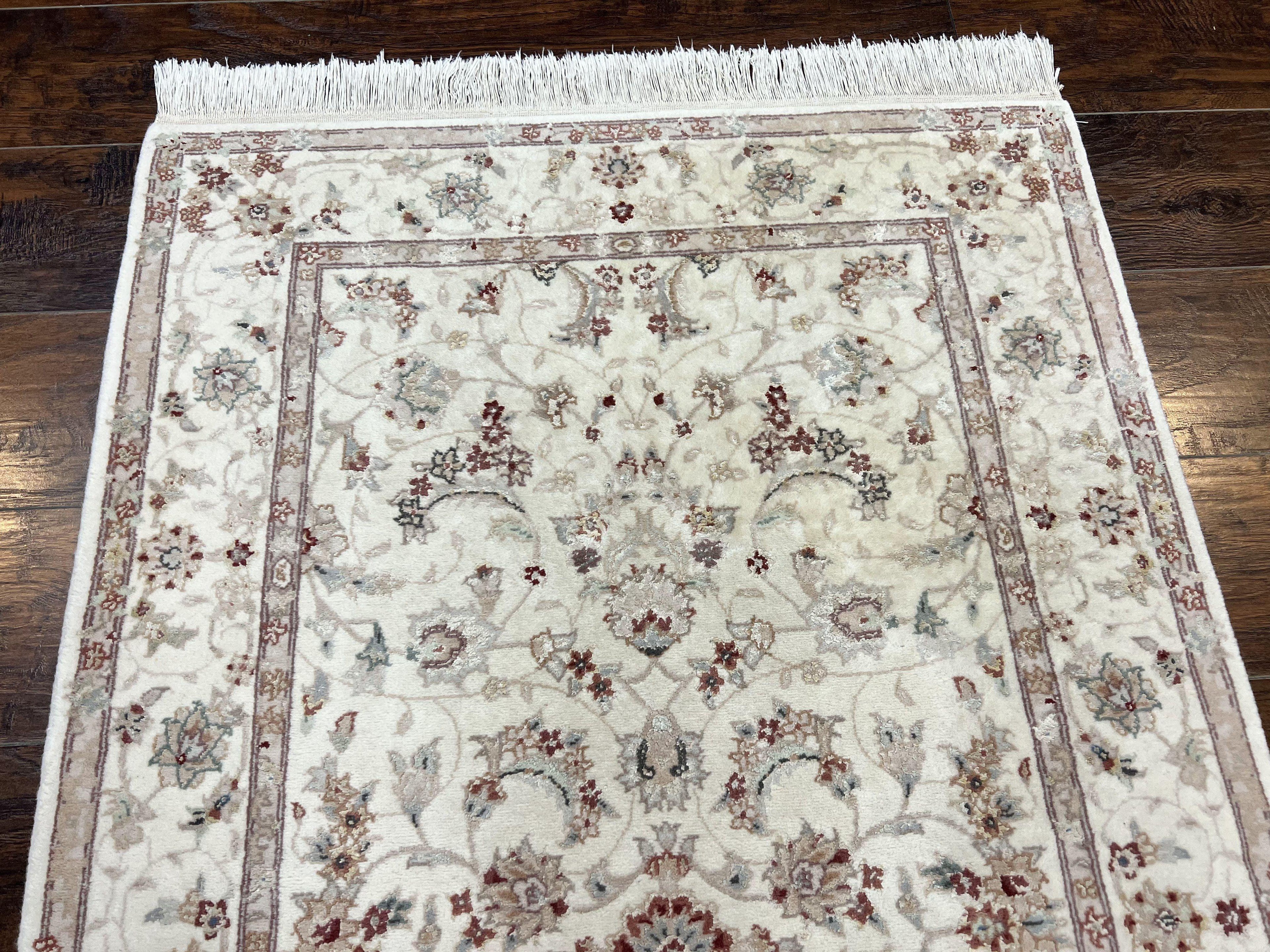 Sino Persian Rug 3x5, Wool with Silk Highlights, Ivory Floral Traditional Wool Area Rug, Fine Oriental Carpet, Vintage 3 x 5 Handmade Rug