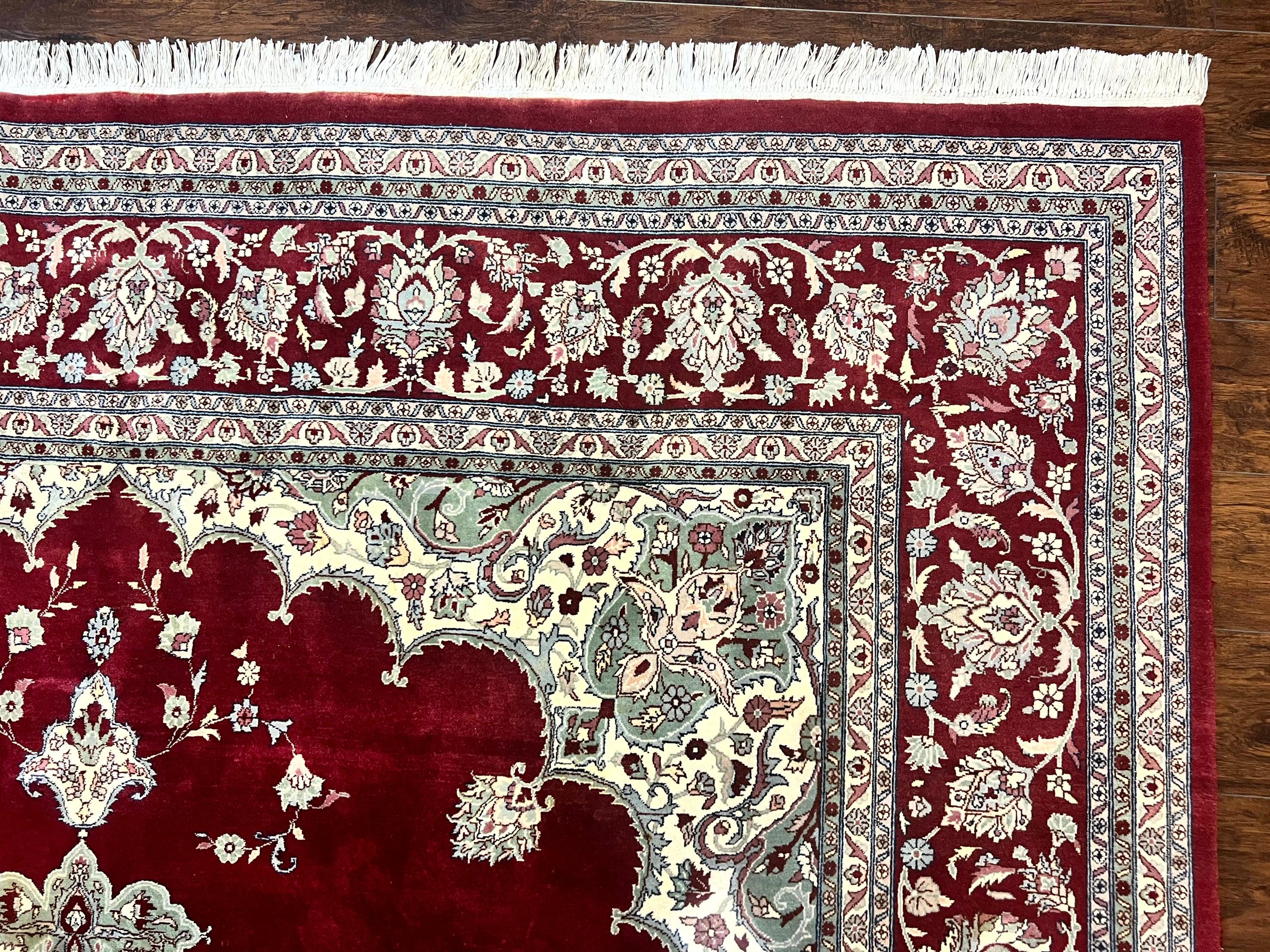 Pak Persian Rug 9x12, Handmade Vintage Traditional Wool Carpet, Floral Medallion, Dark Red Ivory/Cream, Fine 250 KPSI