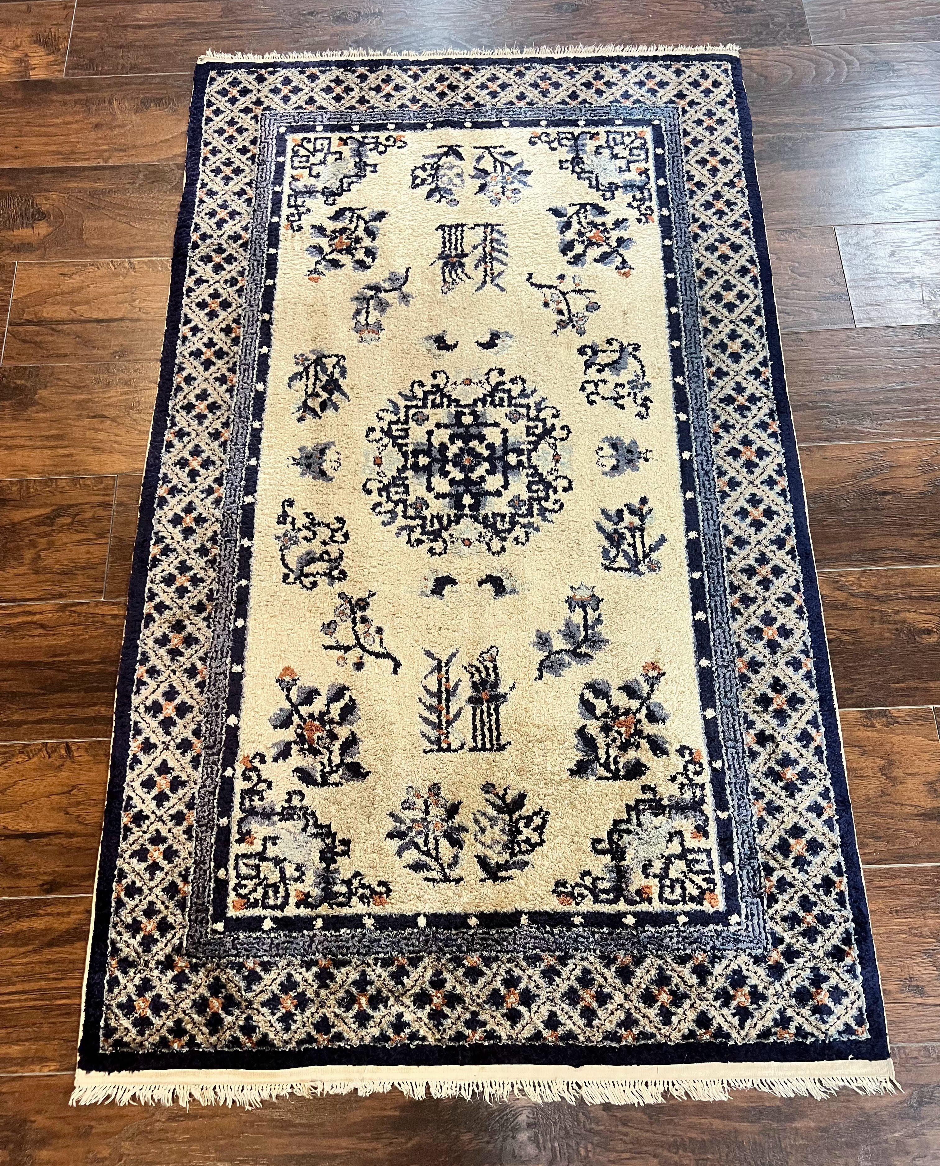 Silk Chinese Rug 3x5, Vintage Handmade Peking Carpet, Asian Oriental Art Deco Rug
