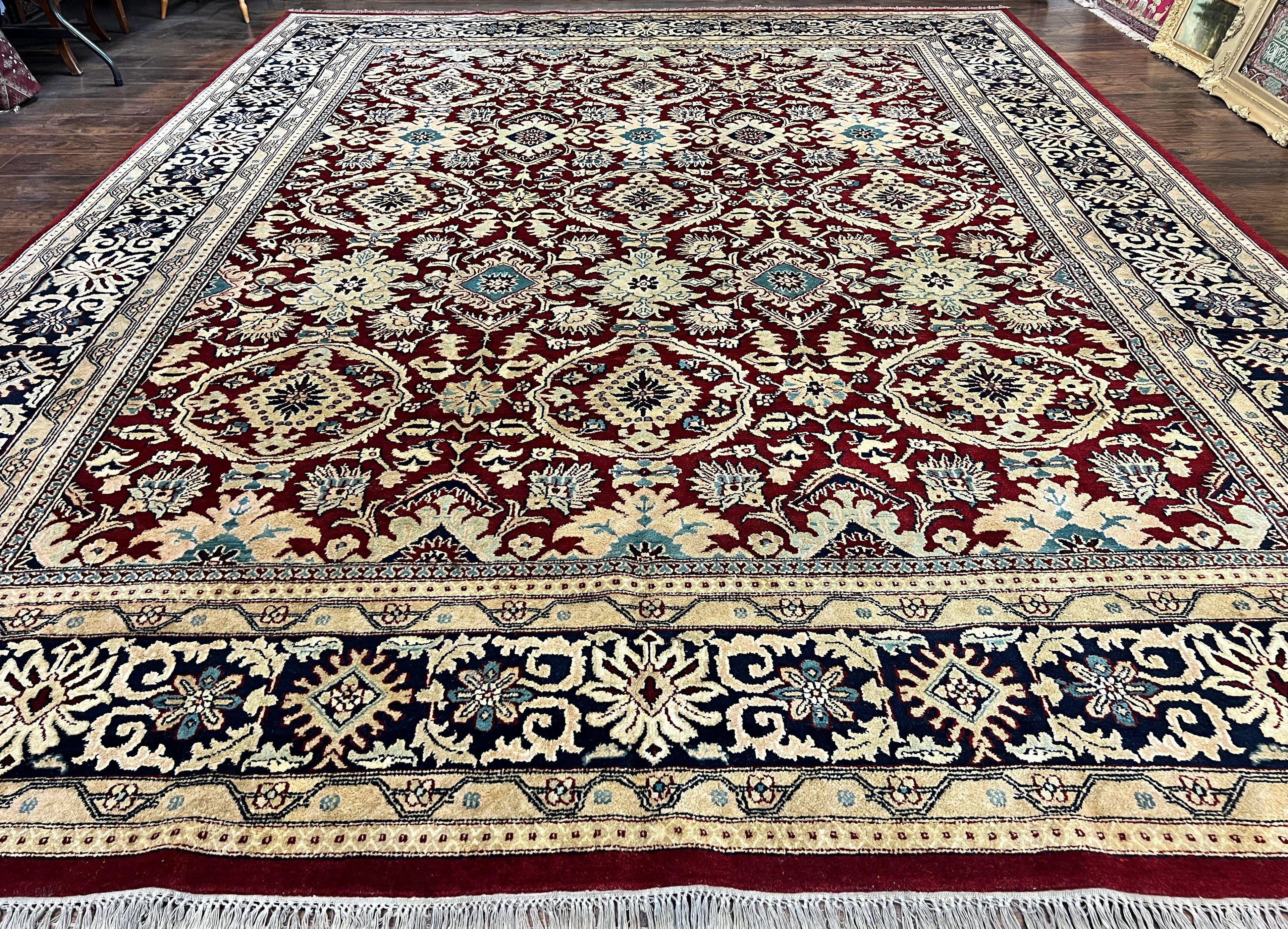 Indian Agra Rug 12x15, Maroon, Hand Knotted Vintage Palace Sized Oriental Carpet