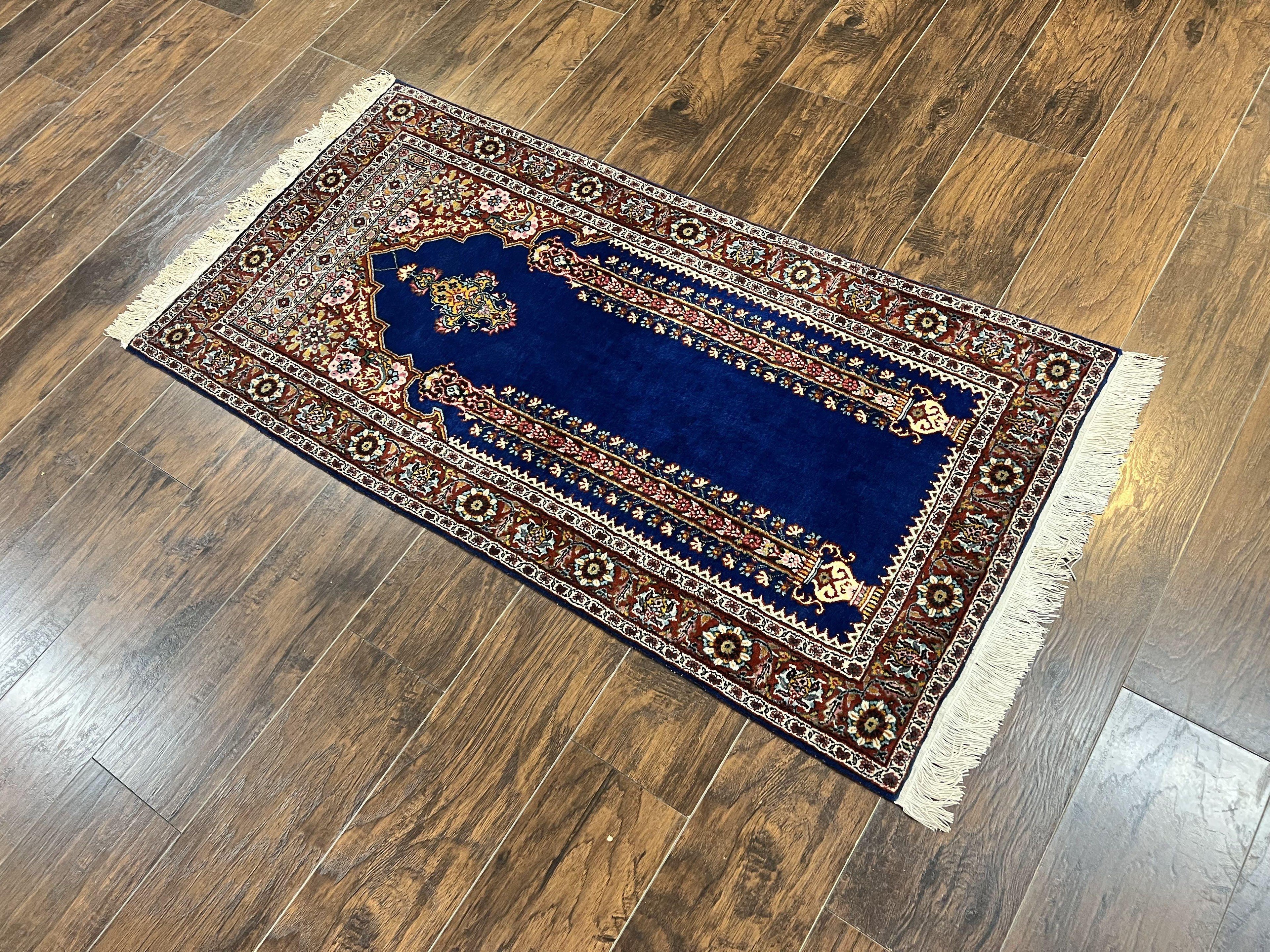 Indo Persian Prayer Rug 3x5, Fine Oriental Carpet, Dark Blue and Red, Vintage Hand Knotted Handmade Prayer Rug