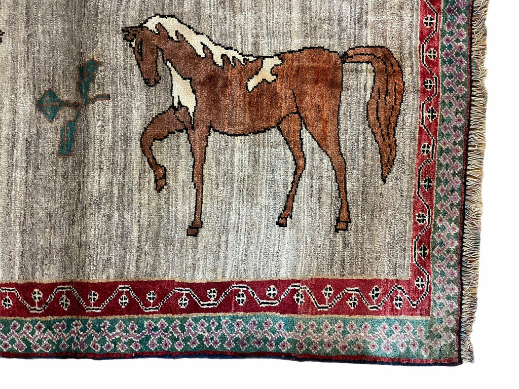 4 X 6 Handmade Rug Zagros New Vintage Quality Wool Rug Horses Silver Brown Nice