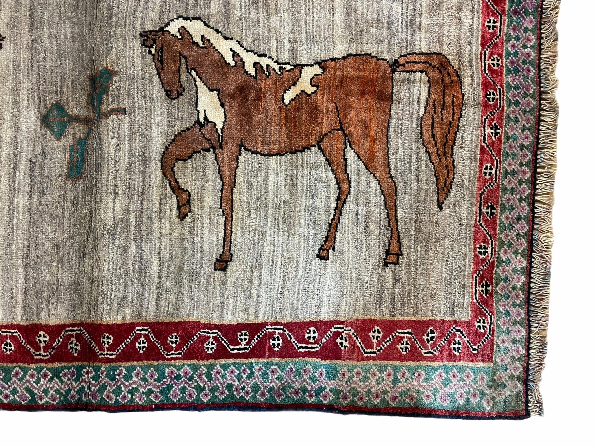 4 X 6 Handmade Rug Zagros New Vintage Quality Wool Rug Horses Silver Brown Nice