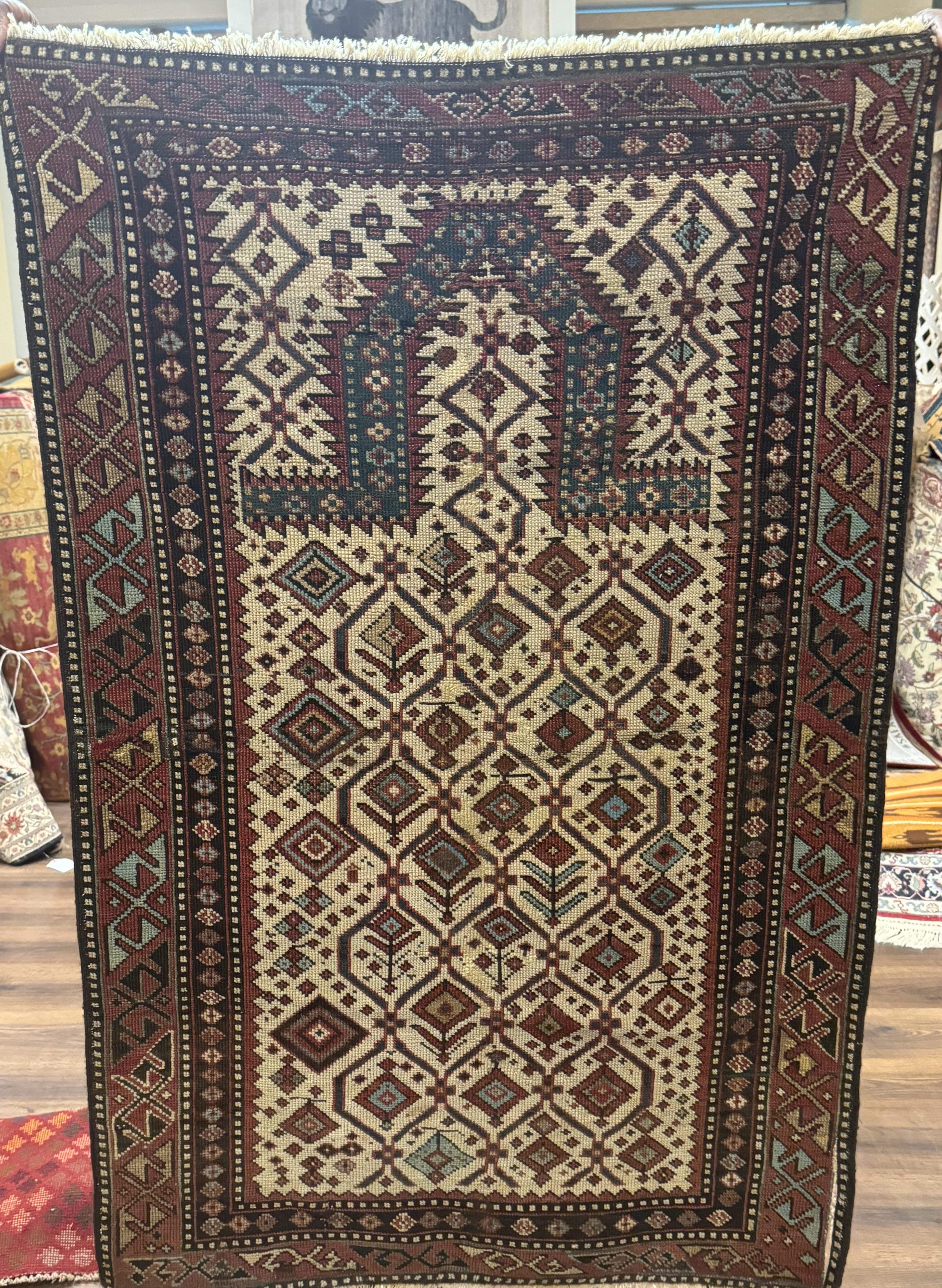Antique Caucasian Shirvan Rug 3x5, Dagestan Prayer Rug, Collectible, Early 20th Century Rug