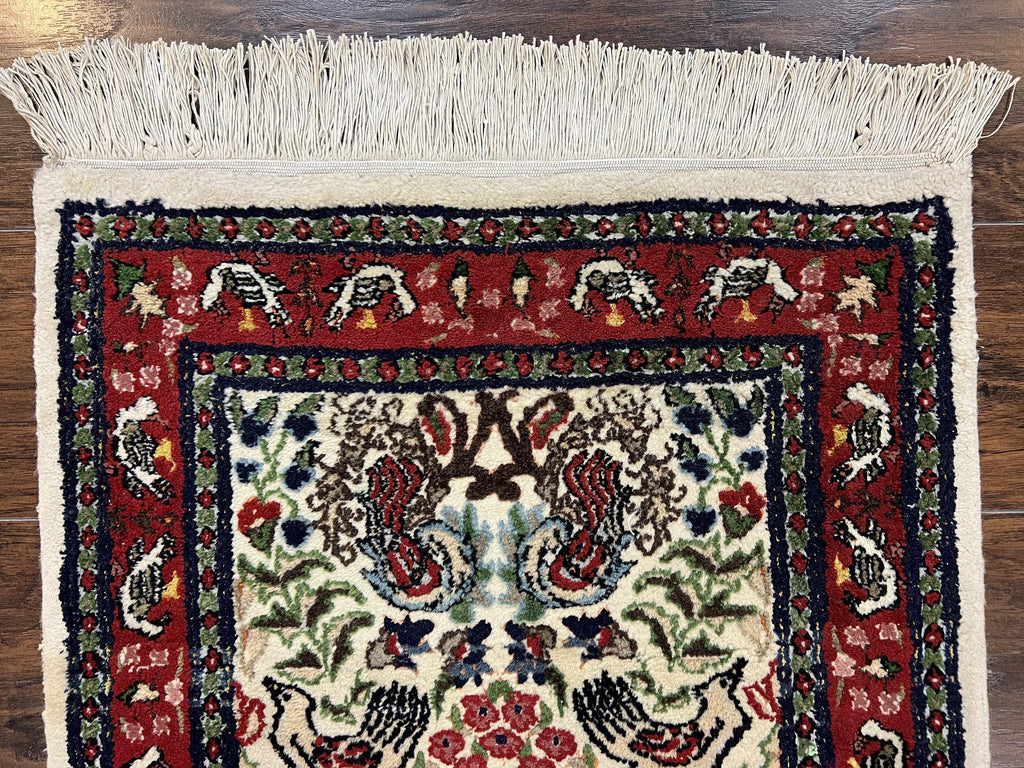 Small Indo Persian Rug 2x3 ft, Wool with Silk Highlights, Animal Pictorials, Birds