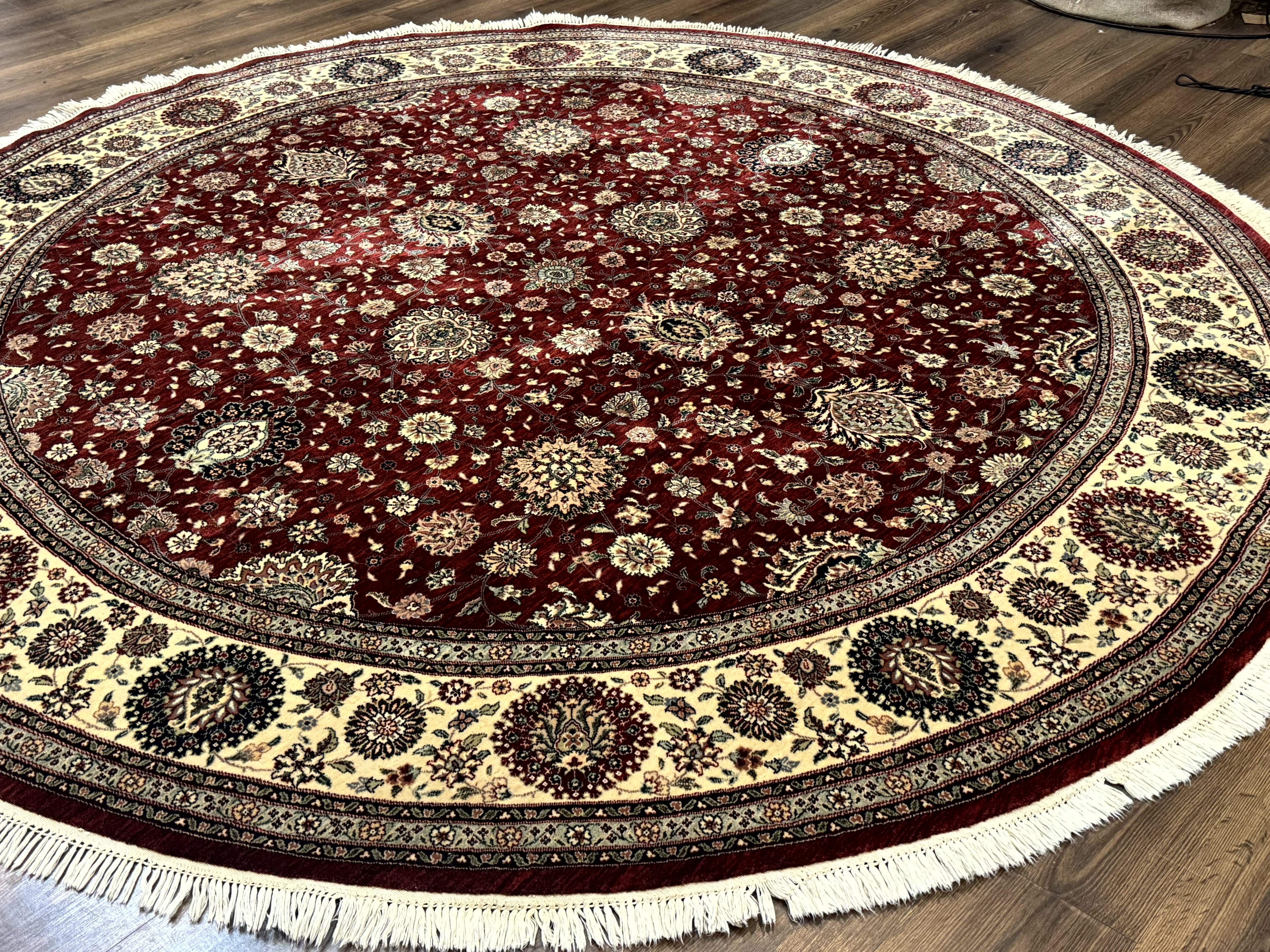 Round Sino Persian Rug 9x9, Burgundy and Cream, Floral, Wool and Silk, 9ft Round Carpet
