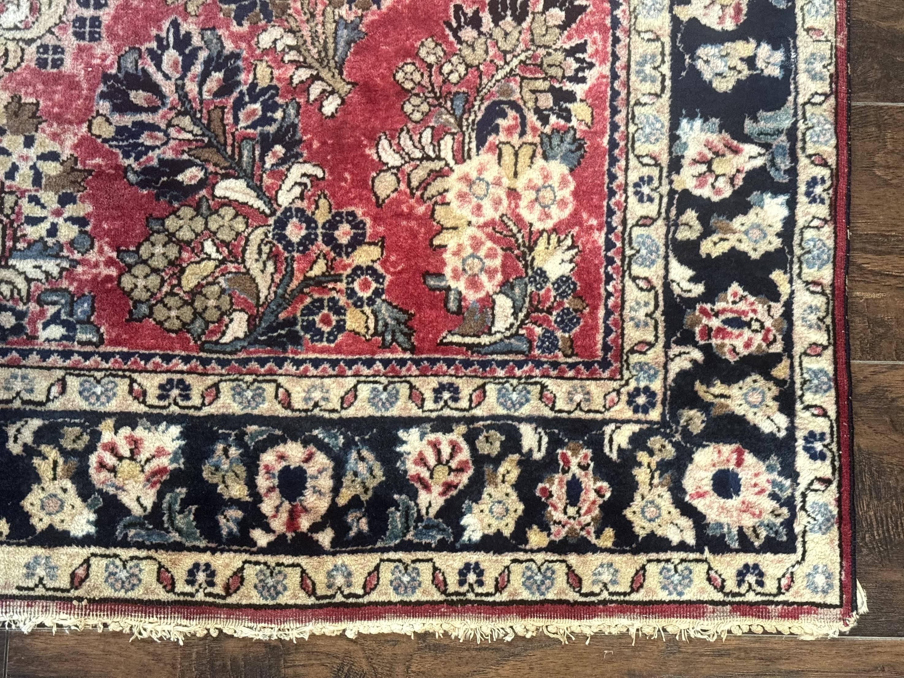 Antique Persian Sarouk Rug 4x7, Floral, Red 1920s Persian Wool Carpet