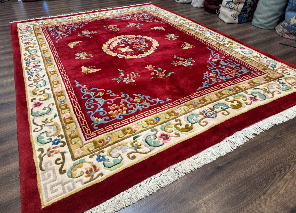 Indo Chinese Wool Rug 9x12, Red Art Deco Carpet, Vintage