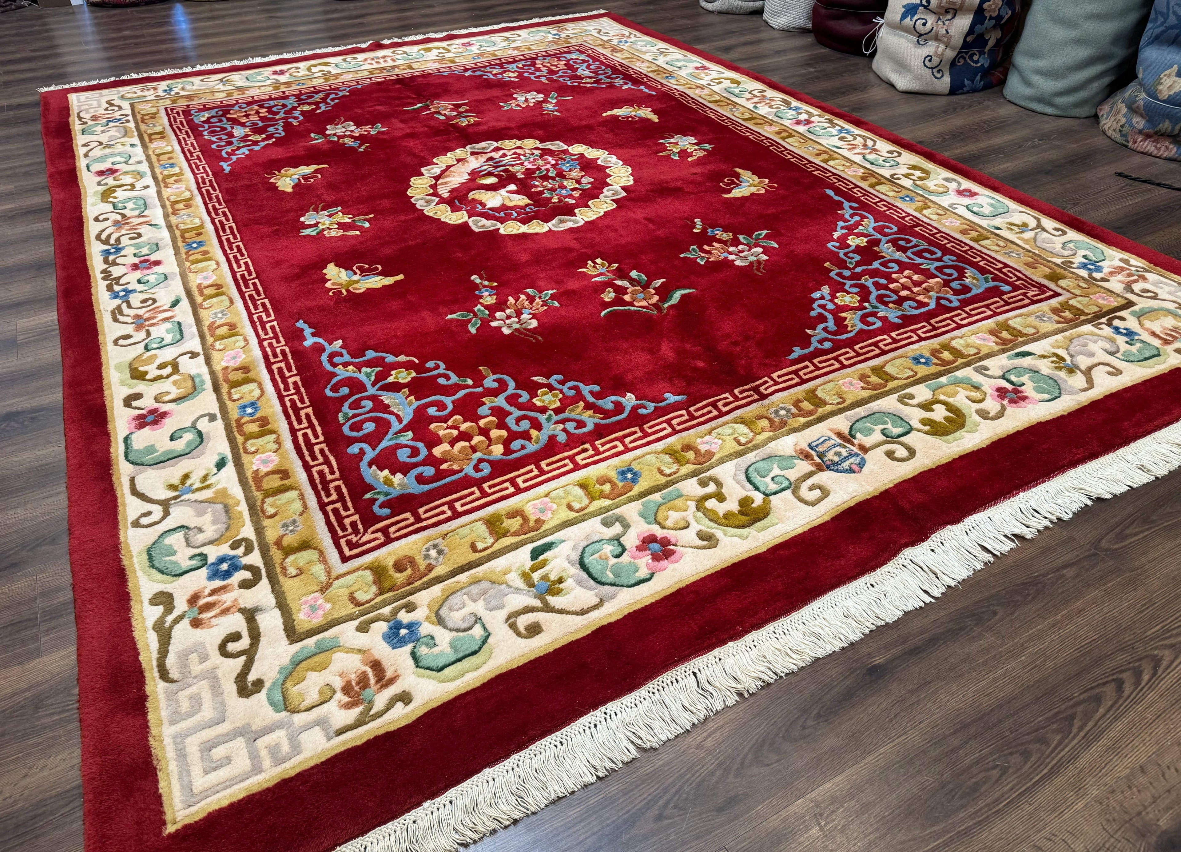 Indo Chinese Wool Rug 9x12, Red Art Deco Carpet, Vintage