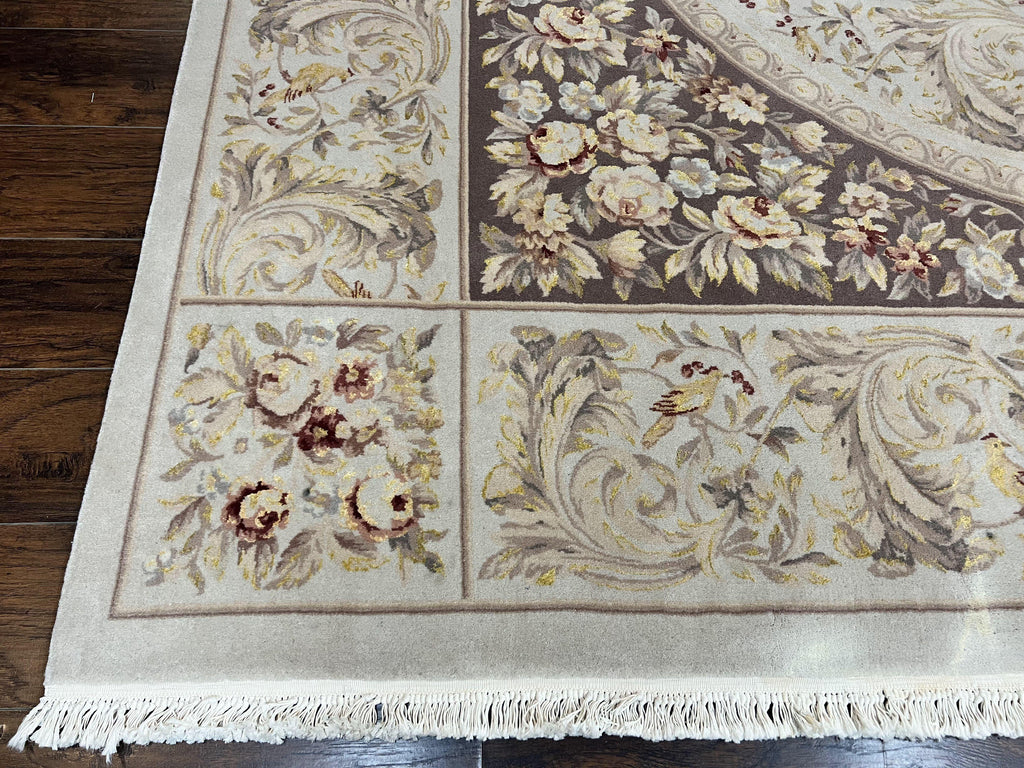 Aubusson Rug 10x14, Wool & Silk Highlights Hand Knotted Vintage Carpet, Birds Flowers, Fine Details, Elegant