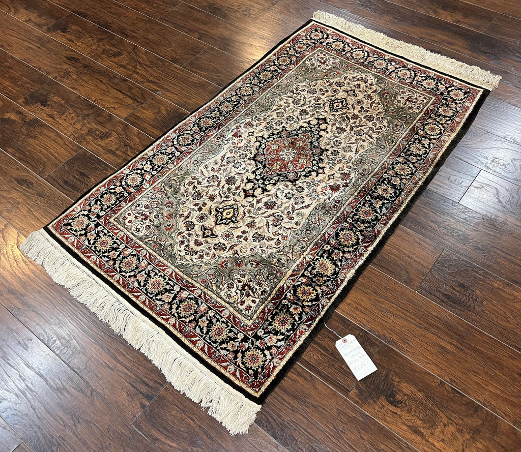 Silk Sino Persian Rug 3x5, Floral Medallion, Hand Knotted Silk Pile Silk Foundation, Traditional Silk Handmade Oriental Carpet, Cream Black