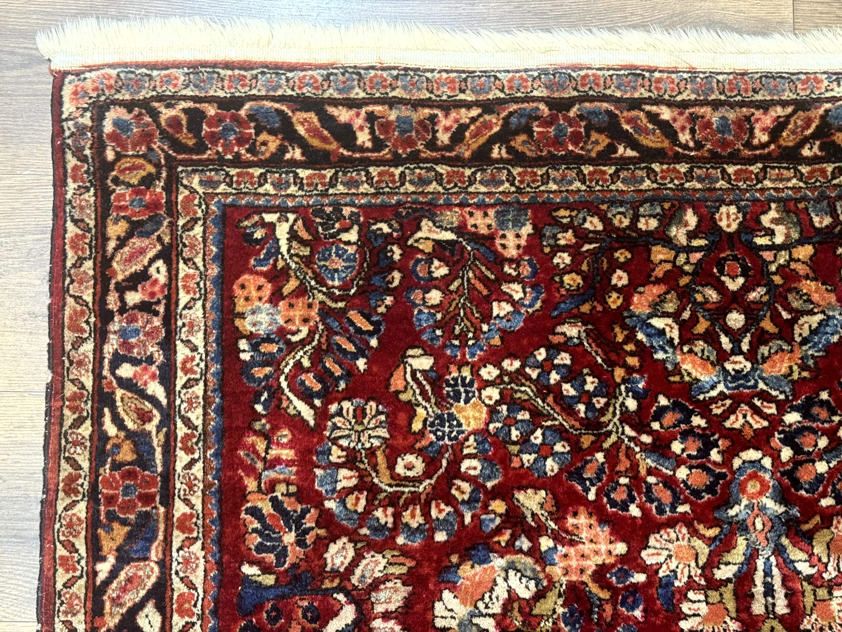 Antique Persian Sarouk Rug 4x6, Floral, Red, Wool Hand Knotted Fine 225 KPSI
