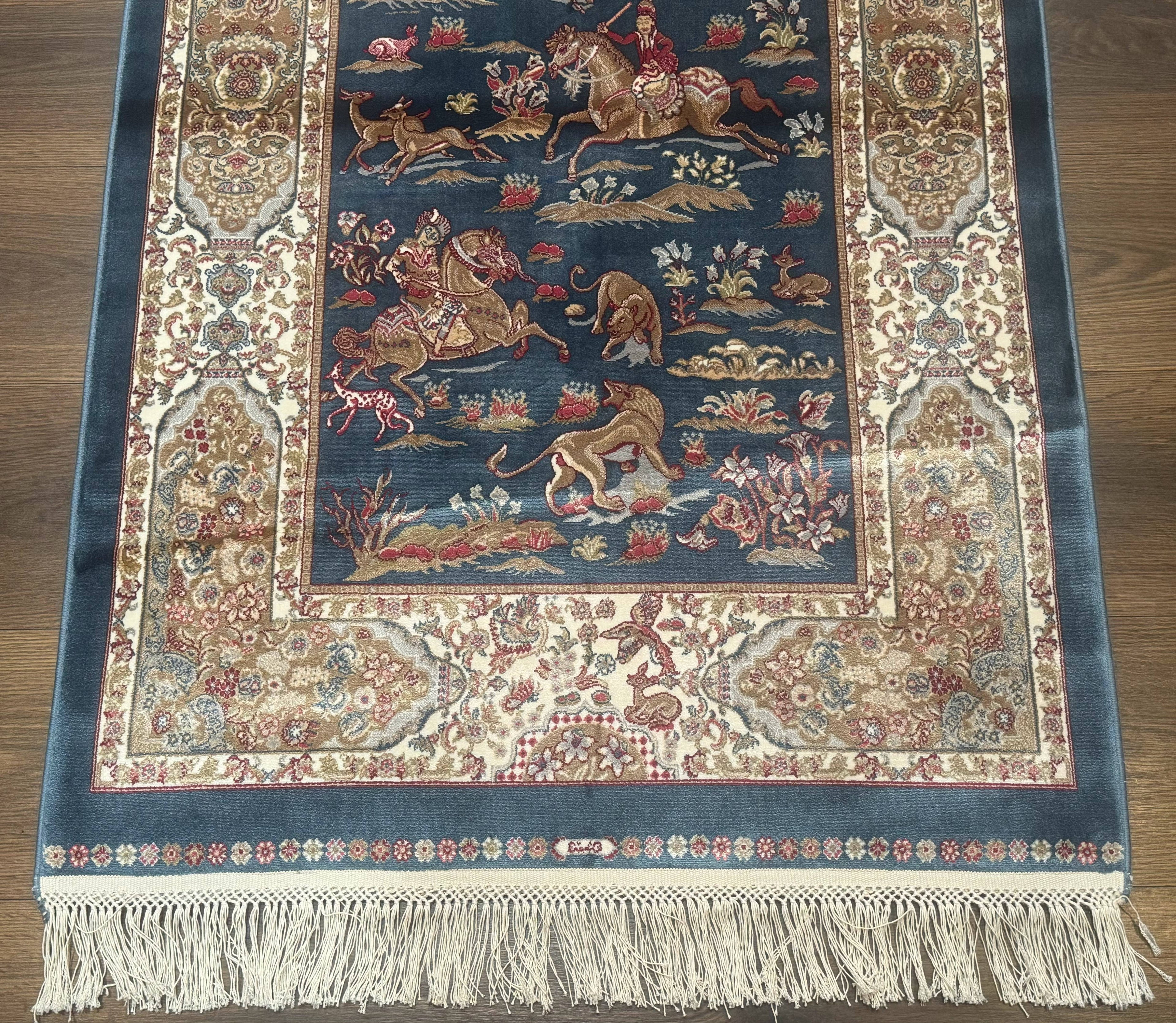Turkish Silk Hunting Scene Rug 2.6 x 5, Dark Steel Blue & Ivory, Bamboo Silk, New