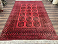 Afghan Turkoman Rug 7x10, Vintage Yamud Beshir Bokhara Carpet, Red and Black Bukhara Hand-Knotted Oriental Wool Handmade Rug, Elephant Foot