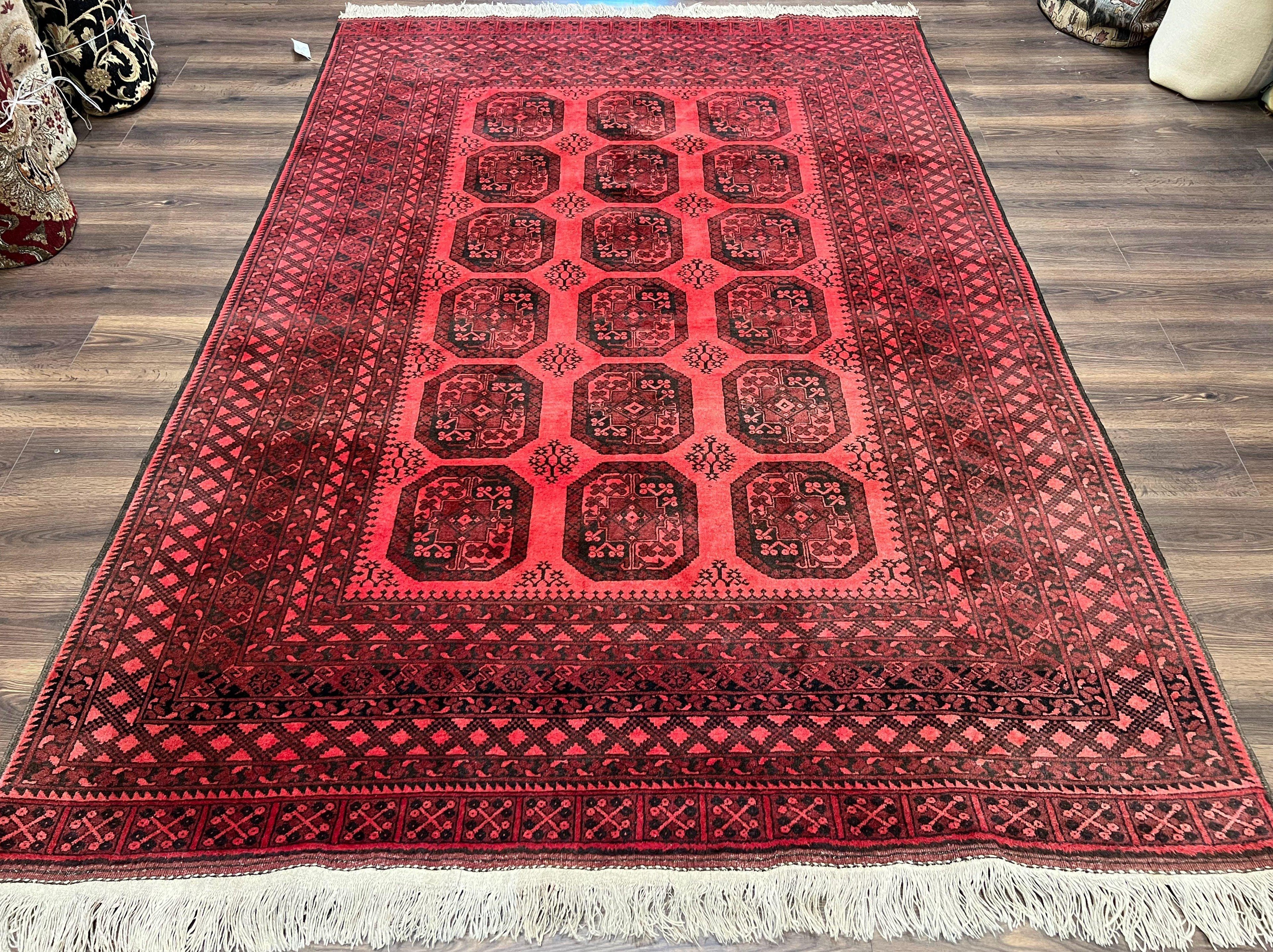 Afghan Turkoman Rug 7x10, Vintage Yamud Beshir Bokhara Carpet, Red and Black Bukhara Hand-Knotted Oriental Wool Handmade Rug, Elephant Foot