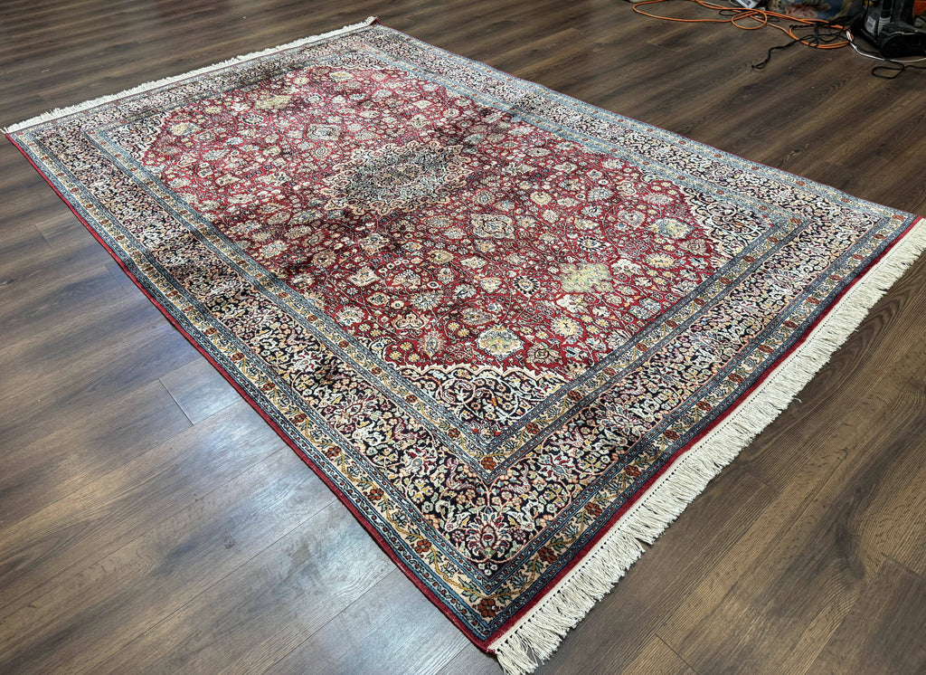 Indian Kashmiri Silk Rug 6x9, Red and Navy Blue, Floral Medallion, Fine 275 KPSI