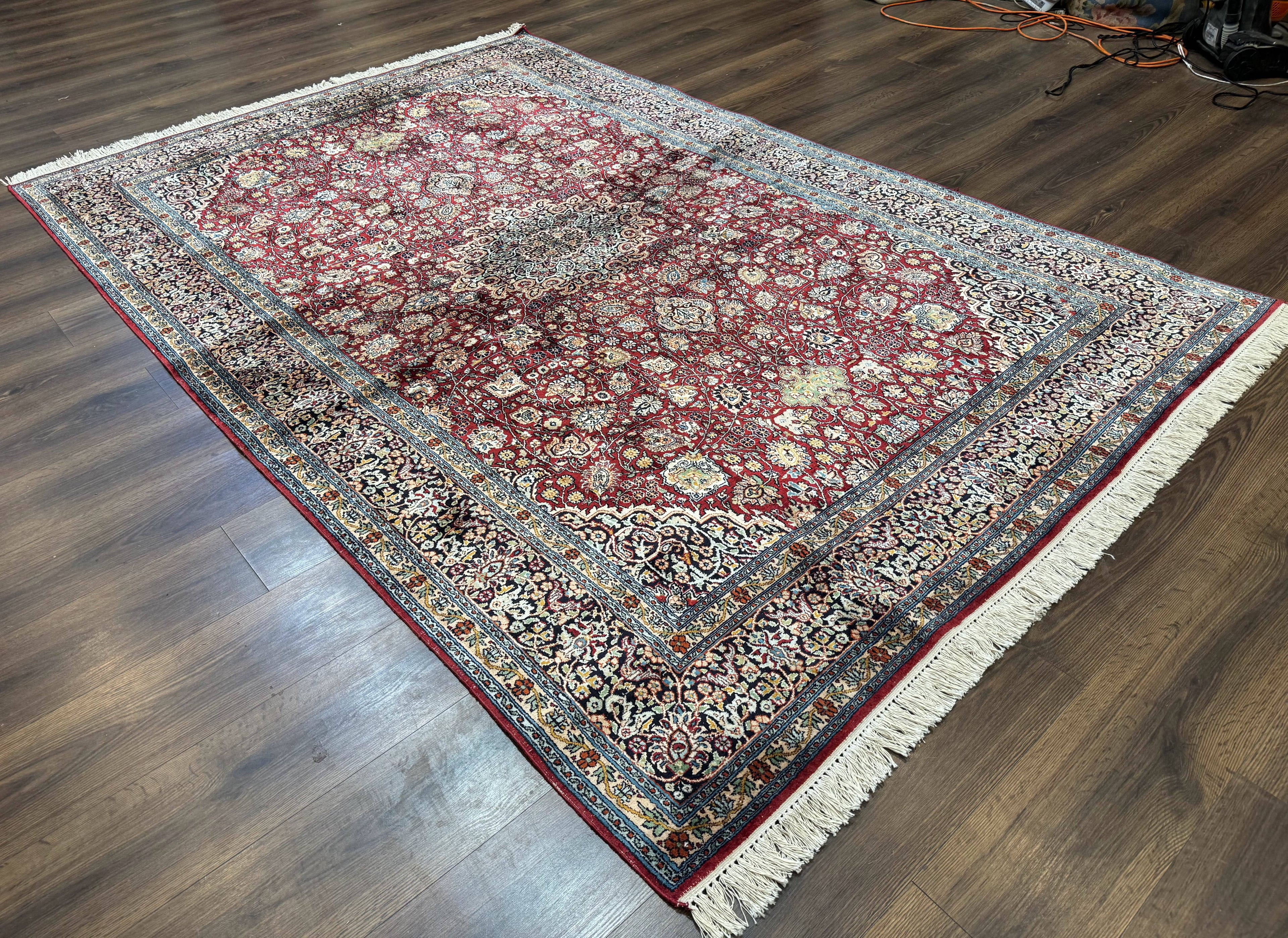 Indian Kashmiri Silk Rug 6x9, Red and Navy Blue, Floral Medallion, Fine 275 KPSI
