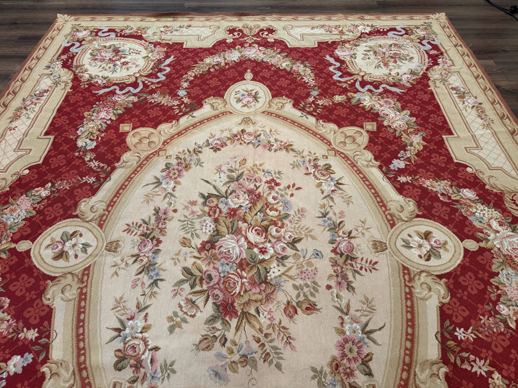 Aubusson Rug 8x11, Needlepoint Carpet, Red Ivory Beige, Vintage, French European Design