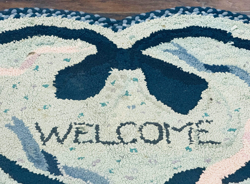 Small American Hooked Rug, Vintage Welcome Mat, Heart Shaped, Ivory and Blue