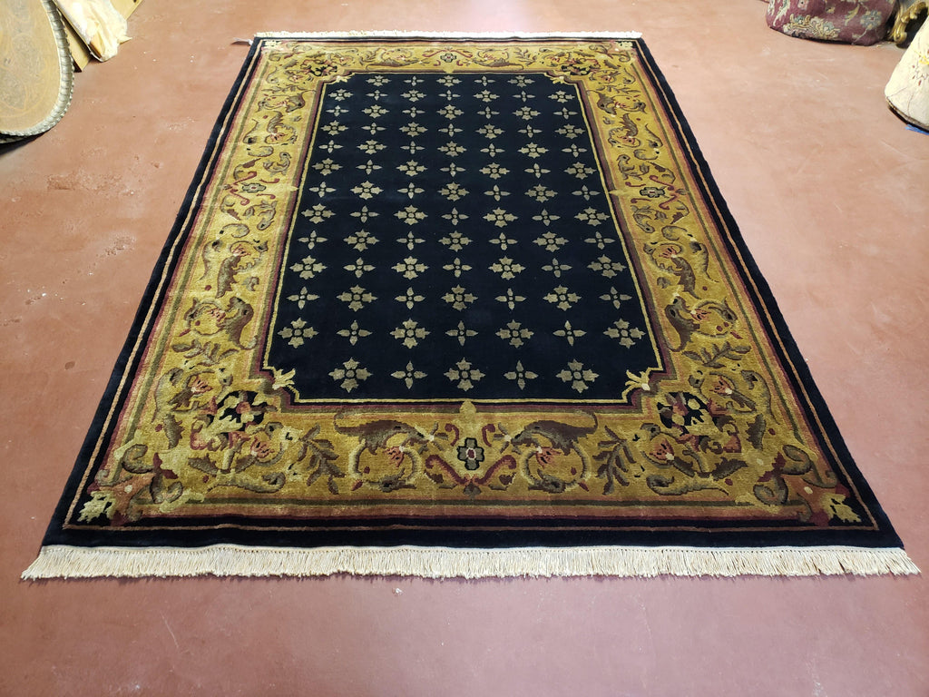 6x9 Aubusson Design Nepali Tibetan Rug Black & Tan Hand-Knotted Wool Carpet Soft Plush Pile New Rug Nice