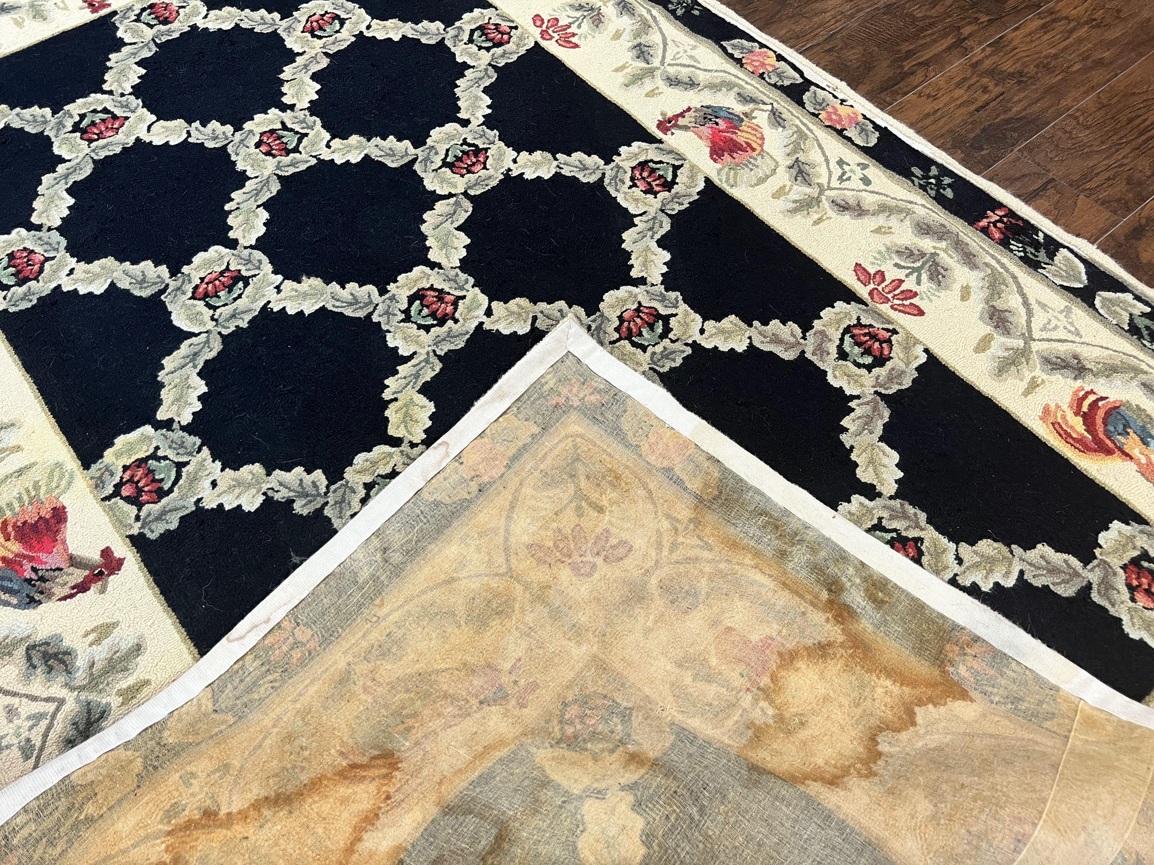 Hooked Rug 5x8, European Aubusson Pattern, Black and Ivory, Roses & Roosters, Vintage Wool Rug