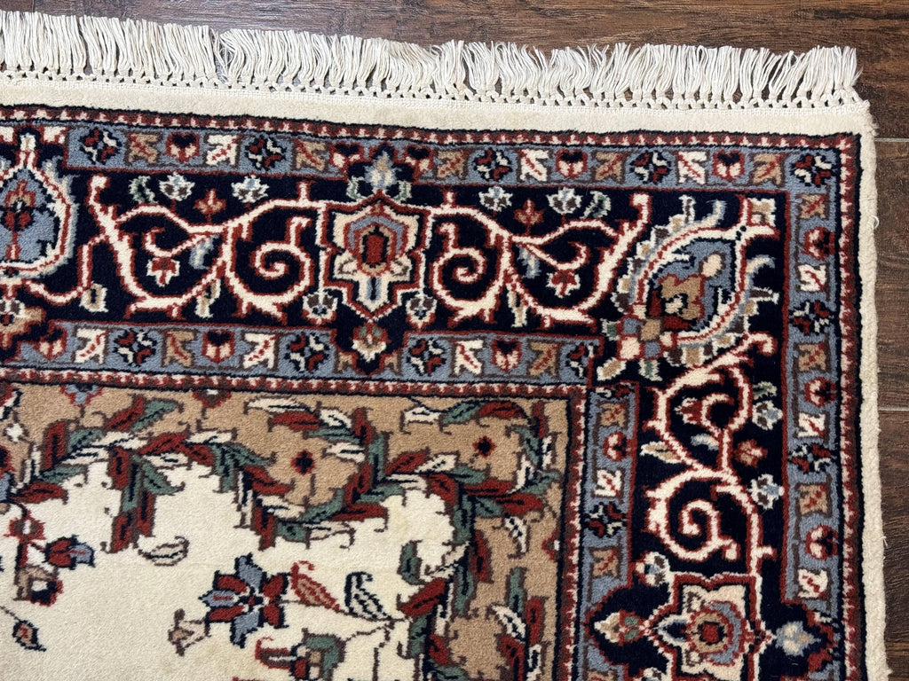 Indian Kashmiri Rug 4x6, Ivory Beige Navy Blue, Traditional Indo Persian Rug