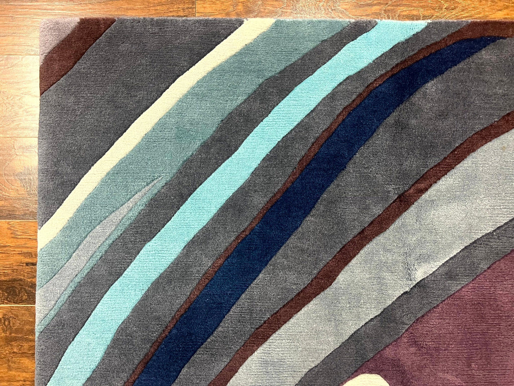 Modern Nepali Handmade Wool Rug 6x8, Blues Gray Mauve, Abstract, Nepali Tibetan Rug
