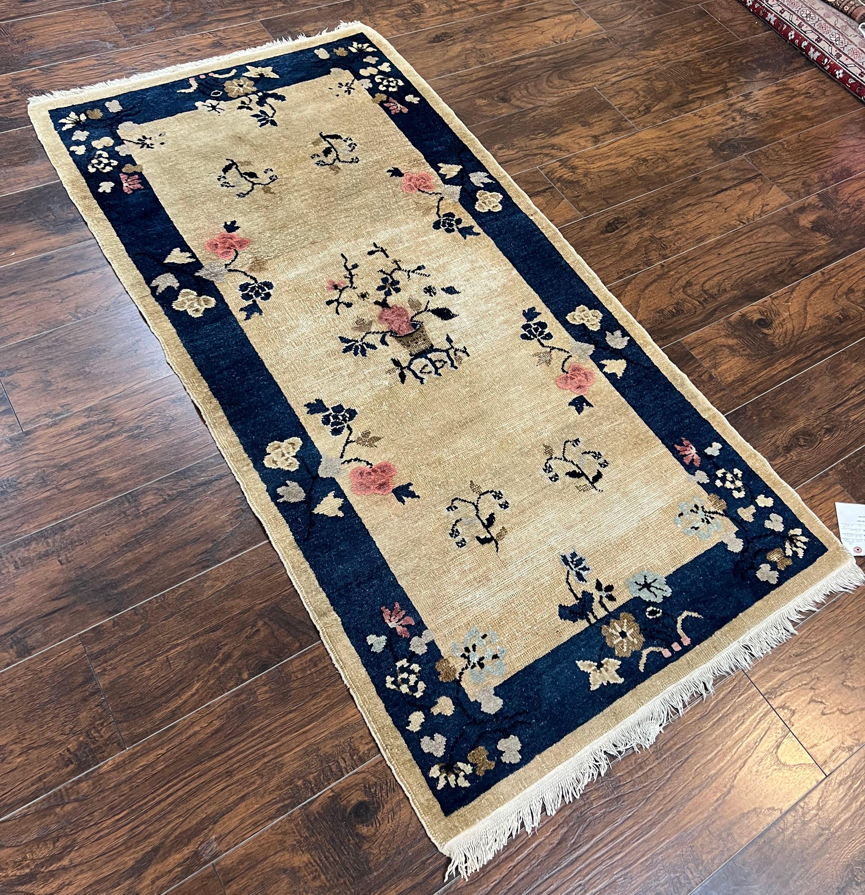 Antique Chinese Peking Rug 3x6, Beige and Dark Blue Hand Knotted Handmade Asian Oriental Carpet, Floral Vases, Vintage Wool Art Deco Rug