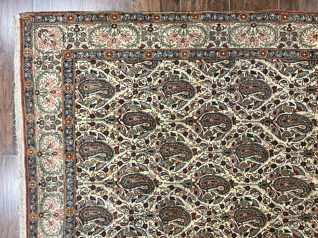 Persian Qum Rug 5x6, Cream Wool Hand Knotted Carpet, Repeated Boteh Paisely Design, Semi Antique Vintage Rug, Very Fine Weave 5 x 6 Rug