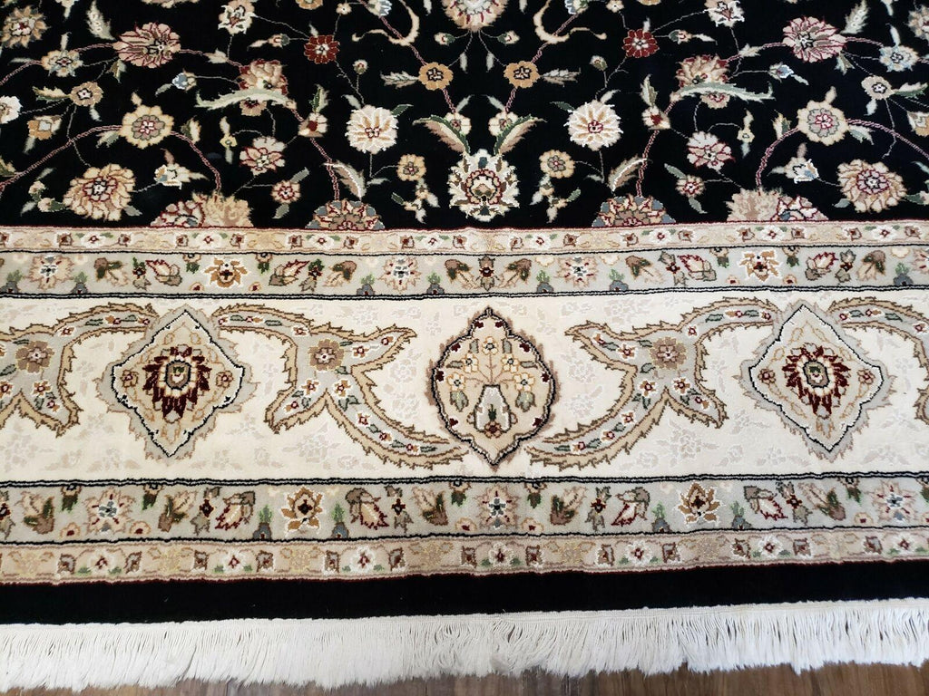 8' 5" X 11' 6" Vintage Handmade Oriental Floral Wool Rug Silk Accent Black Nice