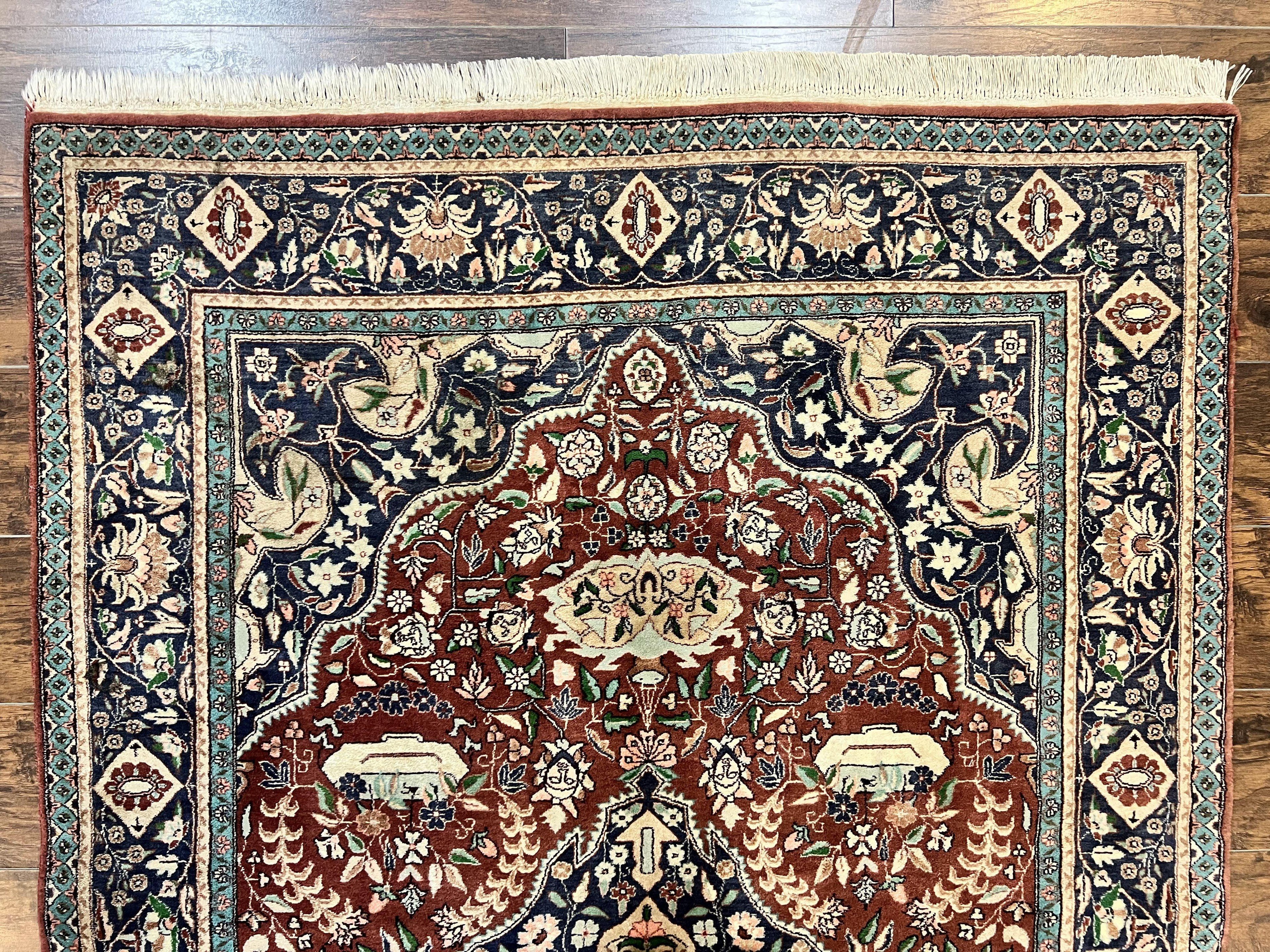 Pak Persian Rug 5x7, Wool Hand Knotted Vintage Carpet, Floral Medallion Rug, Brick Red & Navy Blue, Fine Weave, Medium Sized Rug