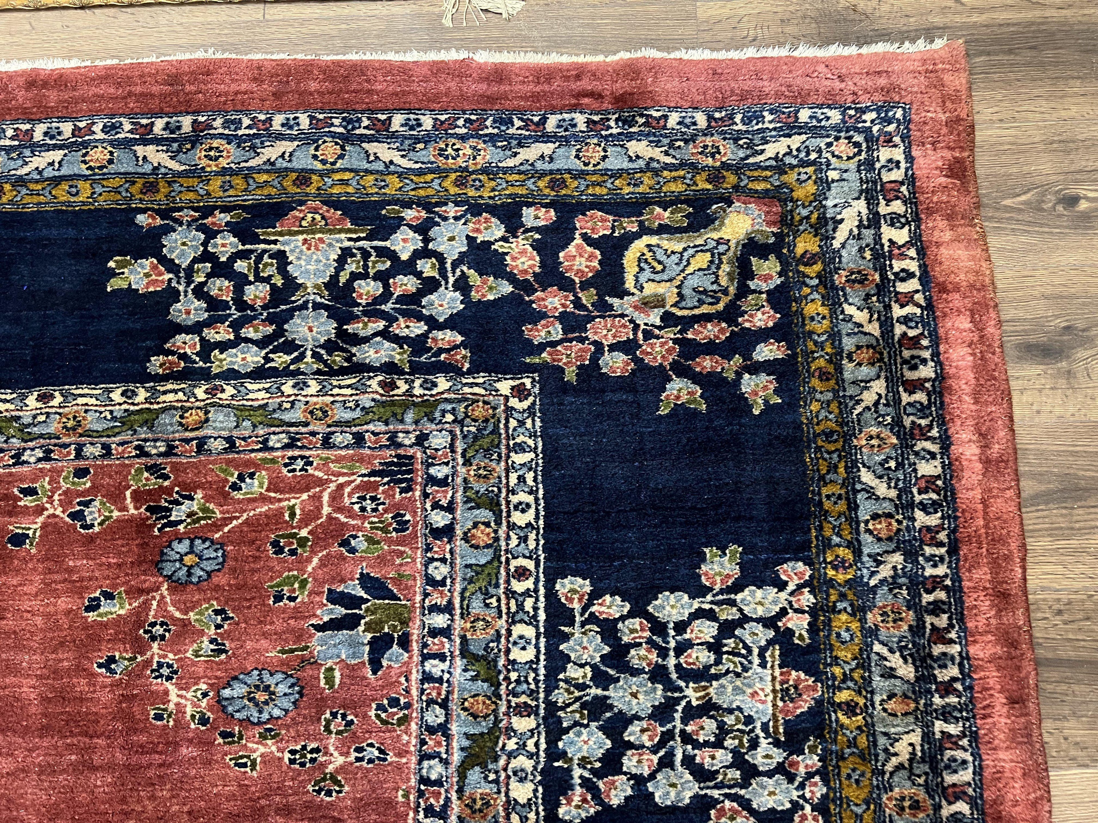 Large Persian Sarouk Rug 10x17, Open Field, Red and Navy Blue, Palace Sized Oversized Hand Knotted Wool Oriental Carpet Flowers Vases Antique 1920s