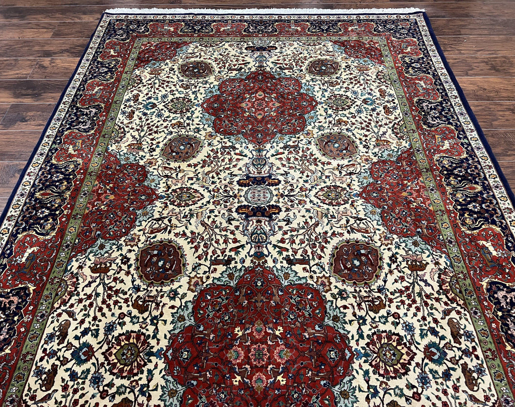 Wonderful Sino Persian Rug 6x10 with Animal Pictorial Motifs, Cream Dark Red Navy Blue, Birds Gazelles, Two Medallions, Top Quality Handmade