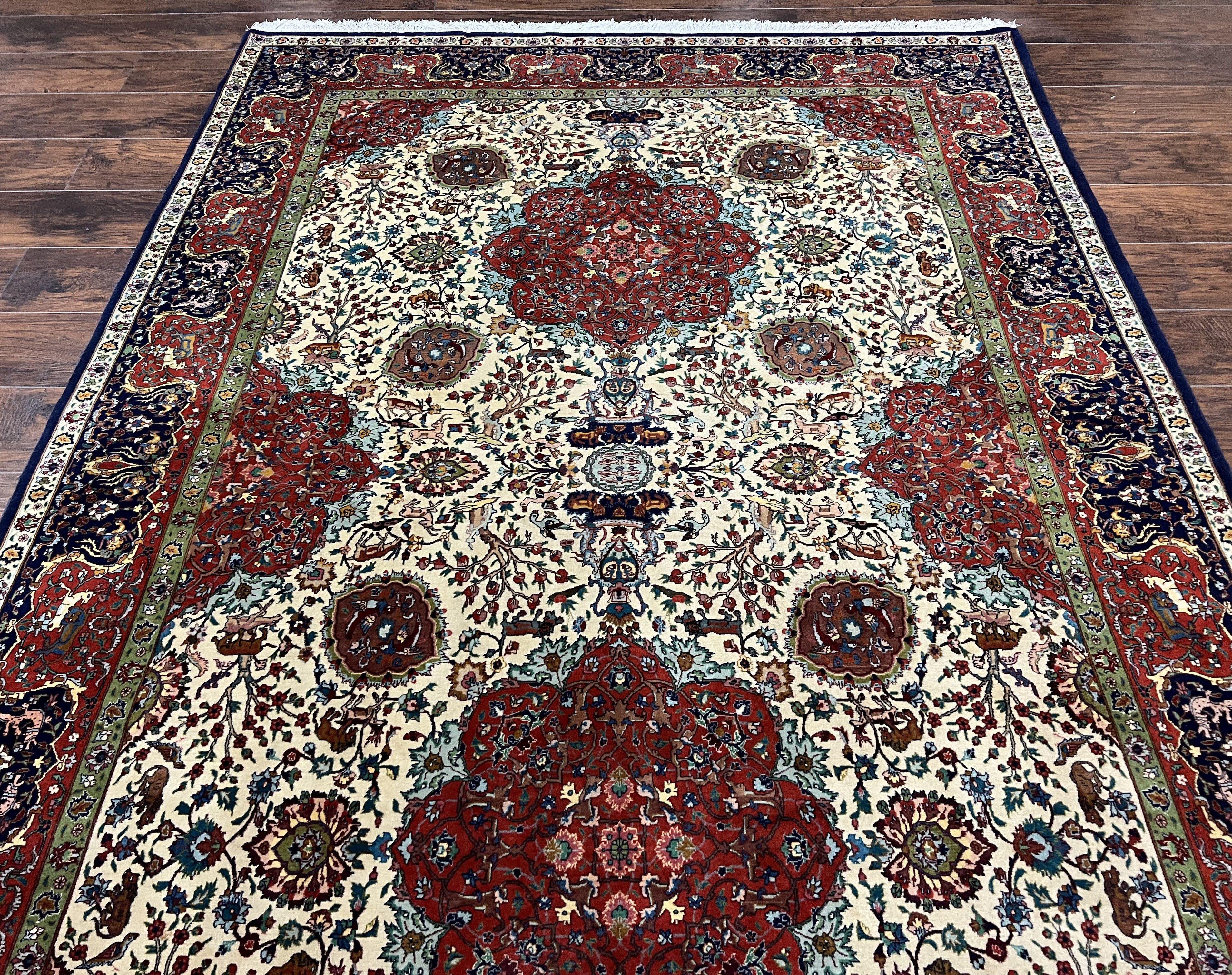 Wonderful Sino Persian Rug 6x10 with Animal Pictorial Motifs, Cream Dark Red Navy Blue, Birds Gazelles, Two Medallions, Top Quality Handmade