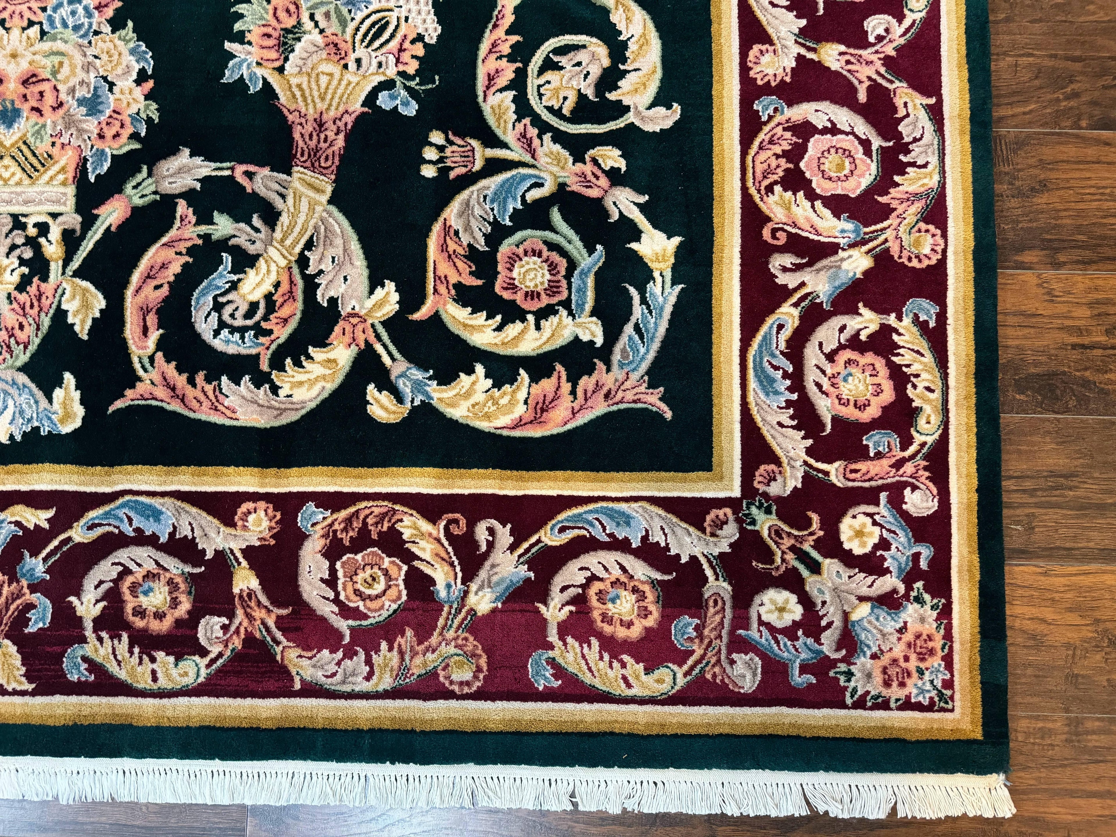 Aubusson Rug 9x12, Dark Green, European Design, Vintage Fine Handmade Carpet, Elegant