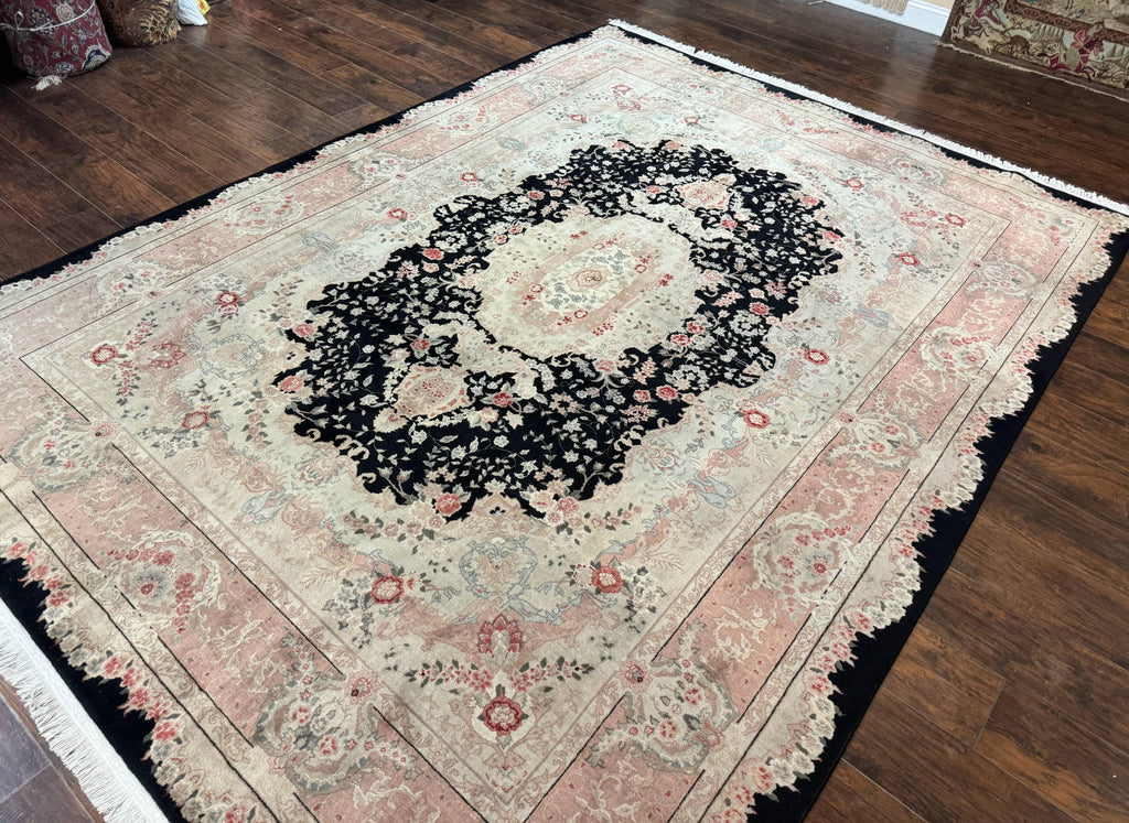 Pak Persian Tabriz Rug 8.6 x 11.6, Black Pink, Traditional Elegant Formal Oriental Carpet, Dining Room Rug, Fine 225 KPSI