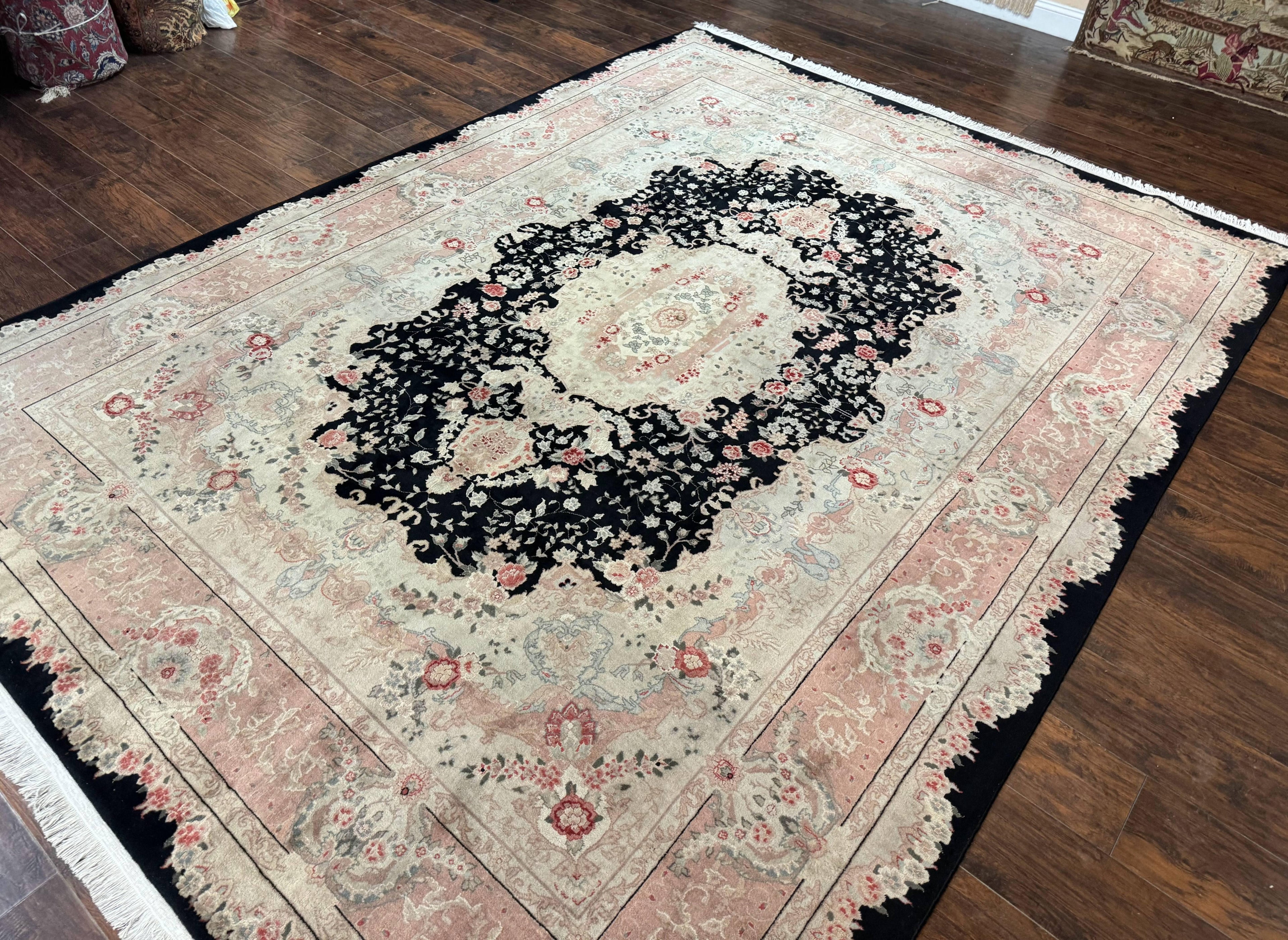 Pak Persian Tabriz Rug 8.6 x 11.6, Black Pink, Traditional Elegant Formal Oriental Carpet, Dining Room Rug, Fine 225 KPSI