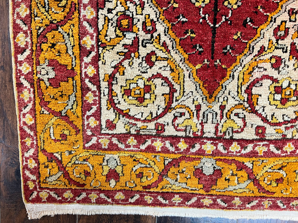 Antique Turkish Prayer Rug 3x5, Hand Knotted Turkish Melas Oushak Wool Carpet, Mehrab Rug, Orange & Red Vintage Rug 3 x 5 Collectible