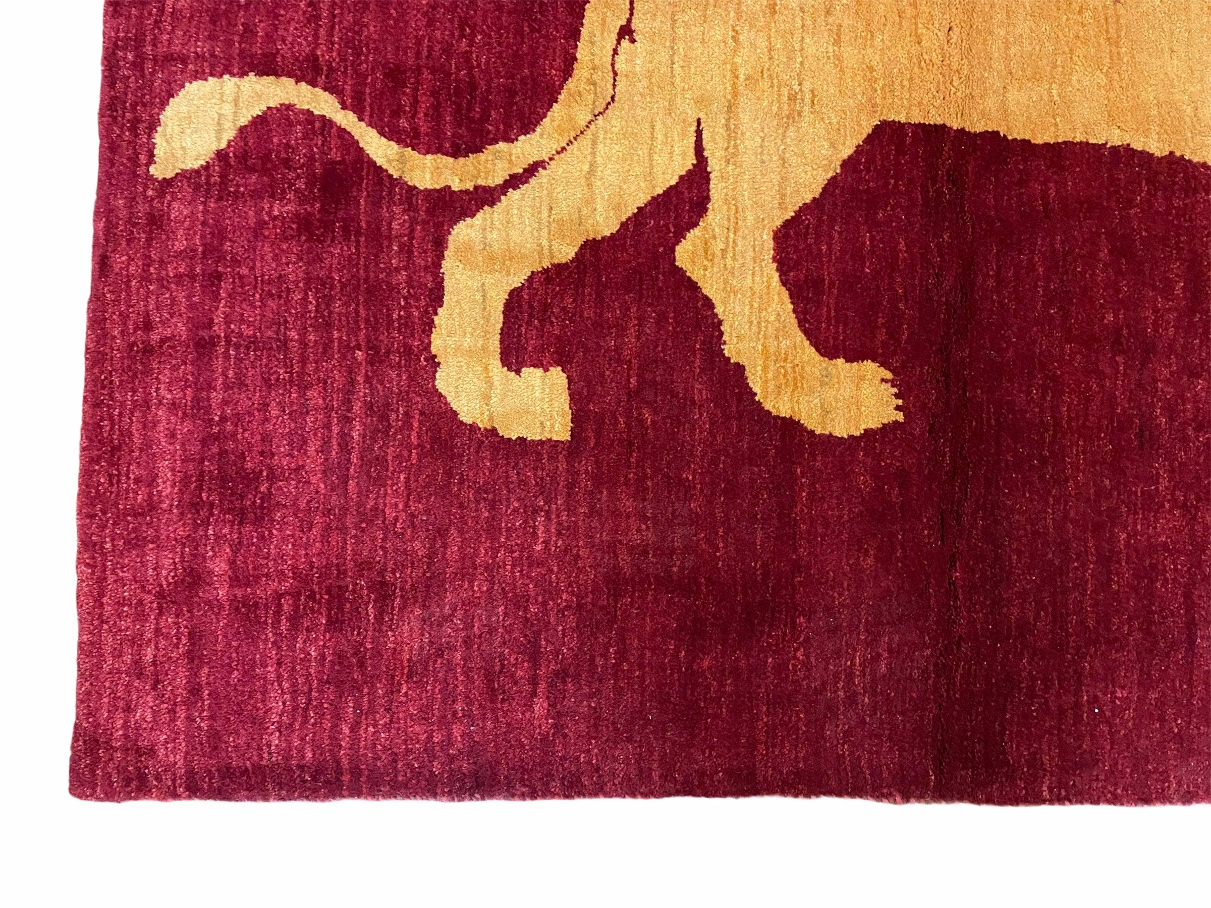 3.5 X 5 Handmade Rug Vintage New Rug Quality Wool Lion Red Veggy Dyes Pictorial