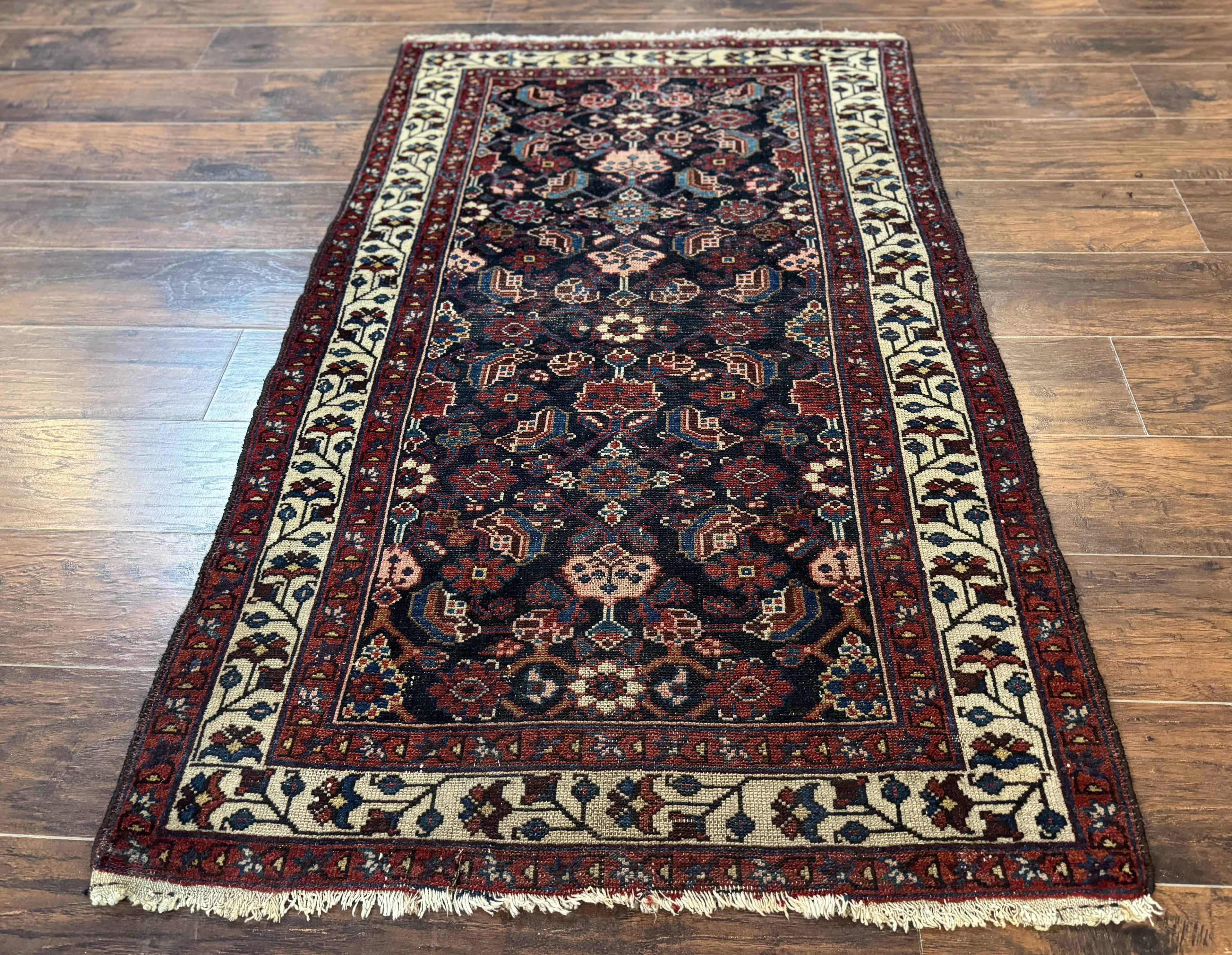 Navy Blue Antique Persian Rug 3x6, Blue and Ivory Persian Carpet, Handmade 1920s Hamadan Rug