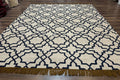 Indian Kilim Rug 8x10, Oat and Navy Blue, Dhurrie Carpet, Handmade, Wool