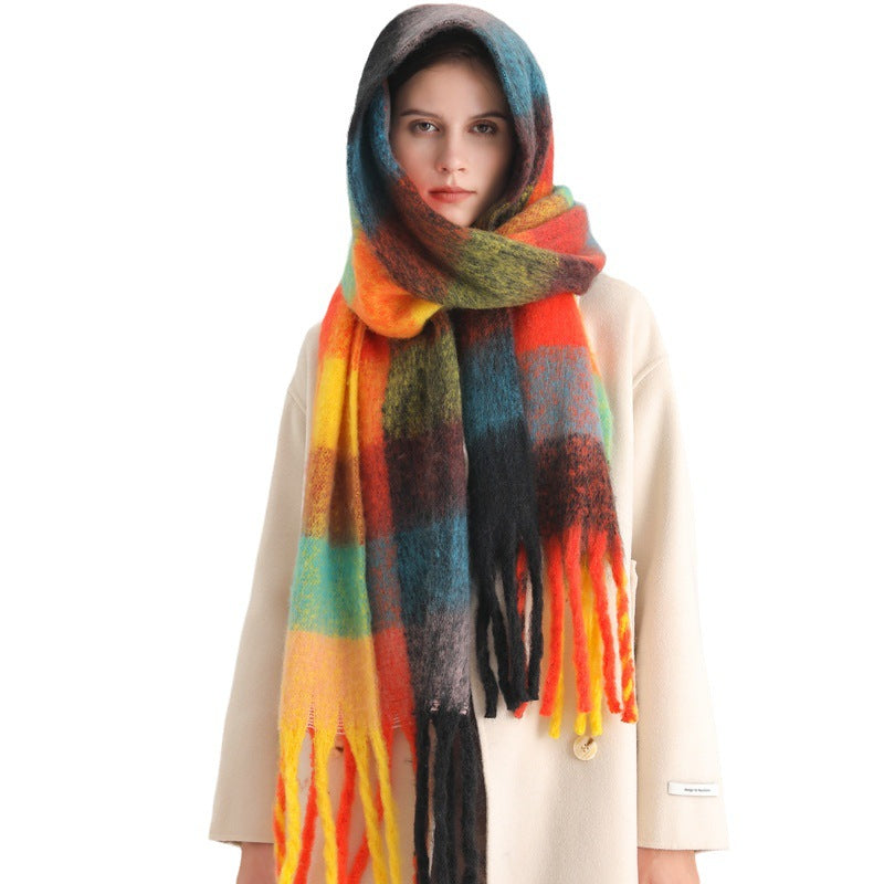 New Luxury Winter Soft Head Wraps Plaid Scarf Shawls Cashmere  Warm Cashmere Scarves Rainbow For Women