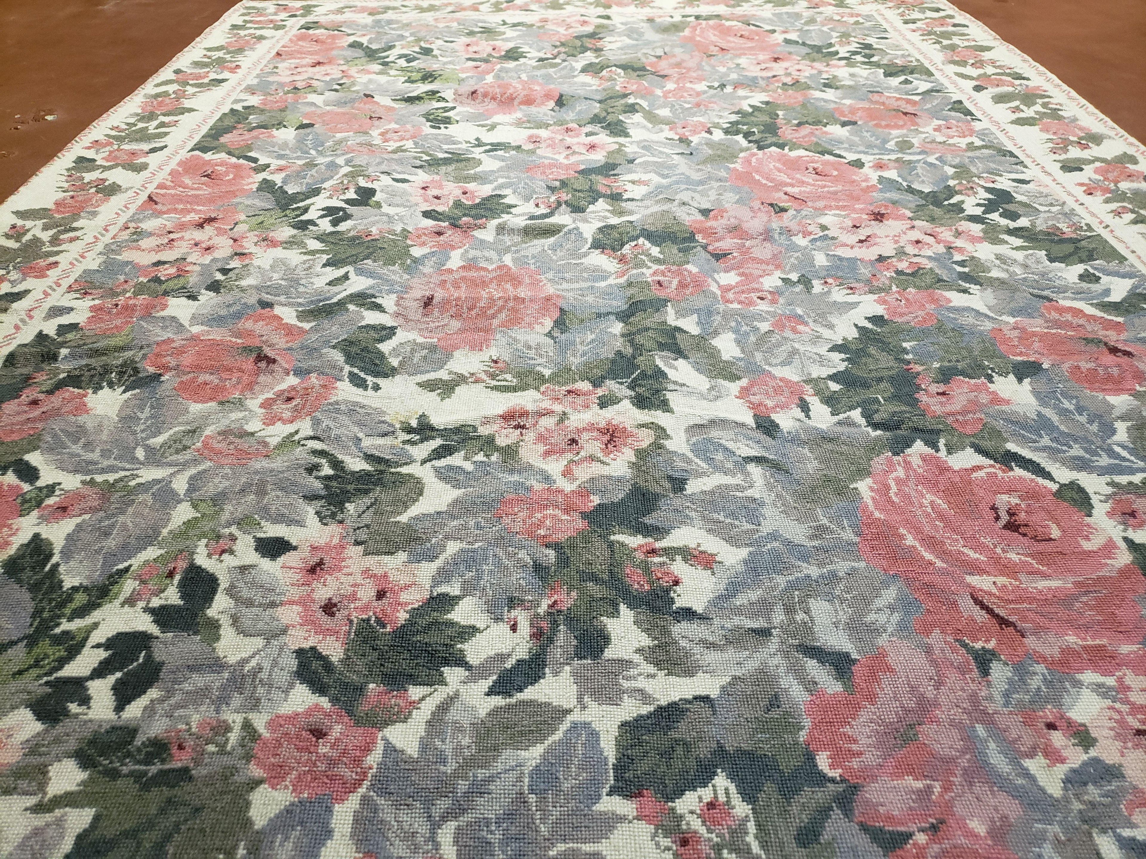 5x8 Needlepoint Rug 5' 4" x 8' 3" Wool Flat Weave Floral New Unused Carpet English Design Ivory Large Pink Flowers Green Leaves Hand-Knotted