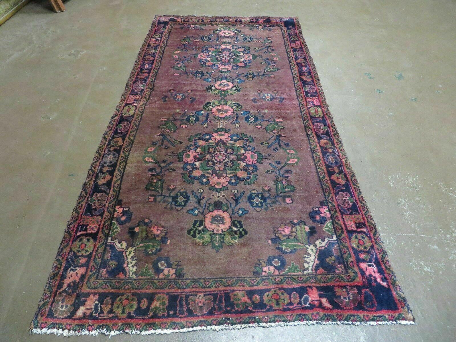 3 x 7 Antique Persian Hamadan Nahavand Rug, Tribal Runner Rug , Handmade Oriental Wool Rug, Vegetable Dyed, Purple-Red & Dark Blue, 3x7 Rug