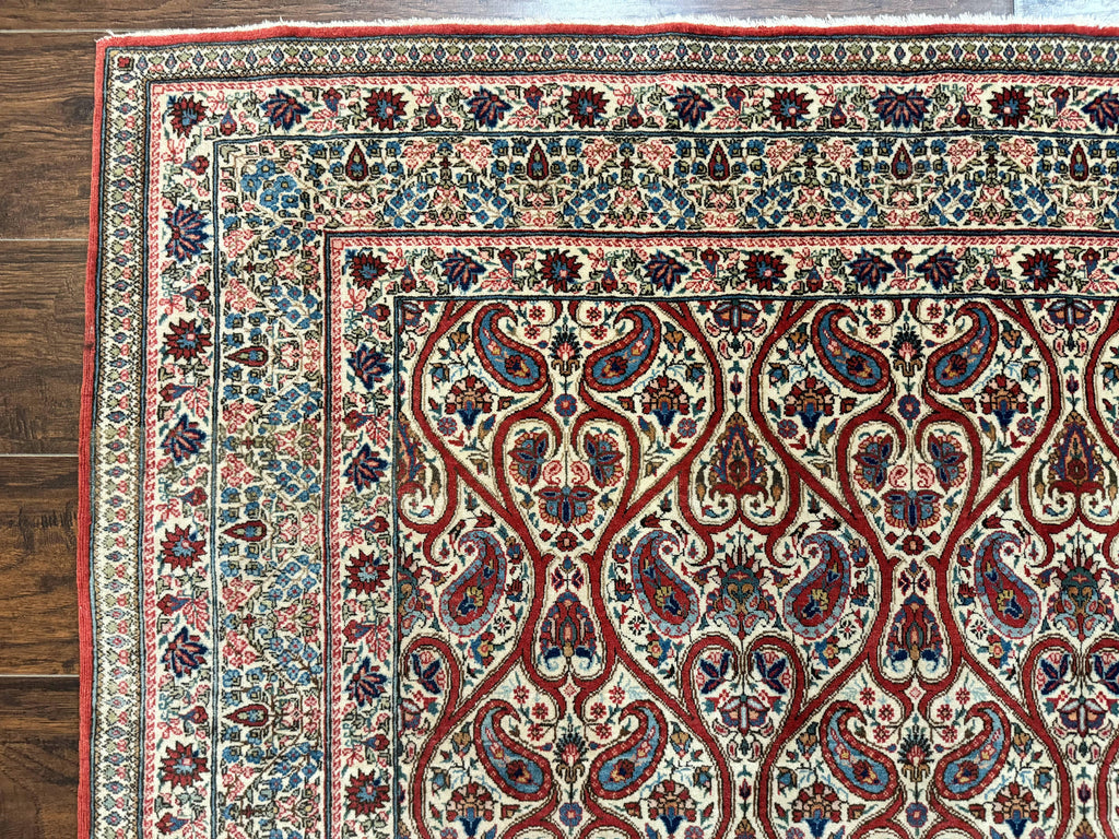 Unique Persian Qum Rug 5x7, Repeated Paisely Boteh Design, Ivory Red Blue, Handmade Antique Wool Persian Carpet, Finely Hand Knotted