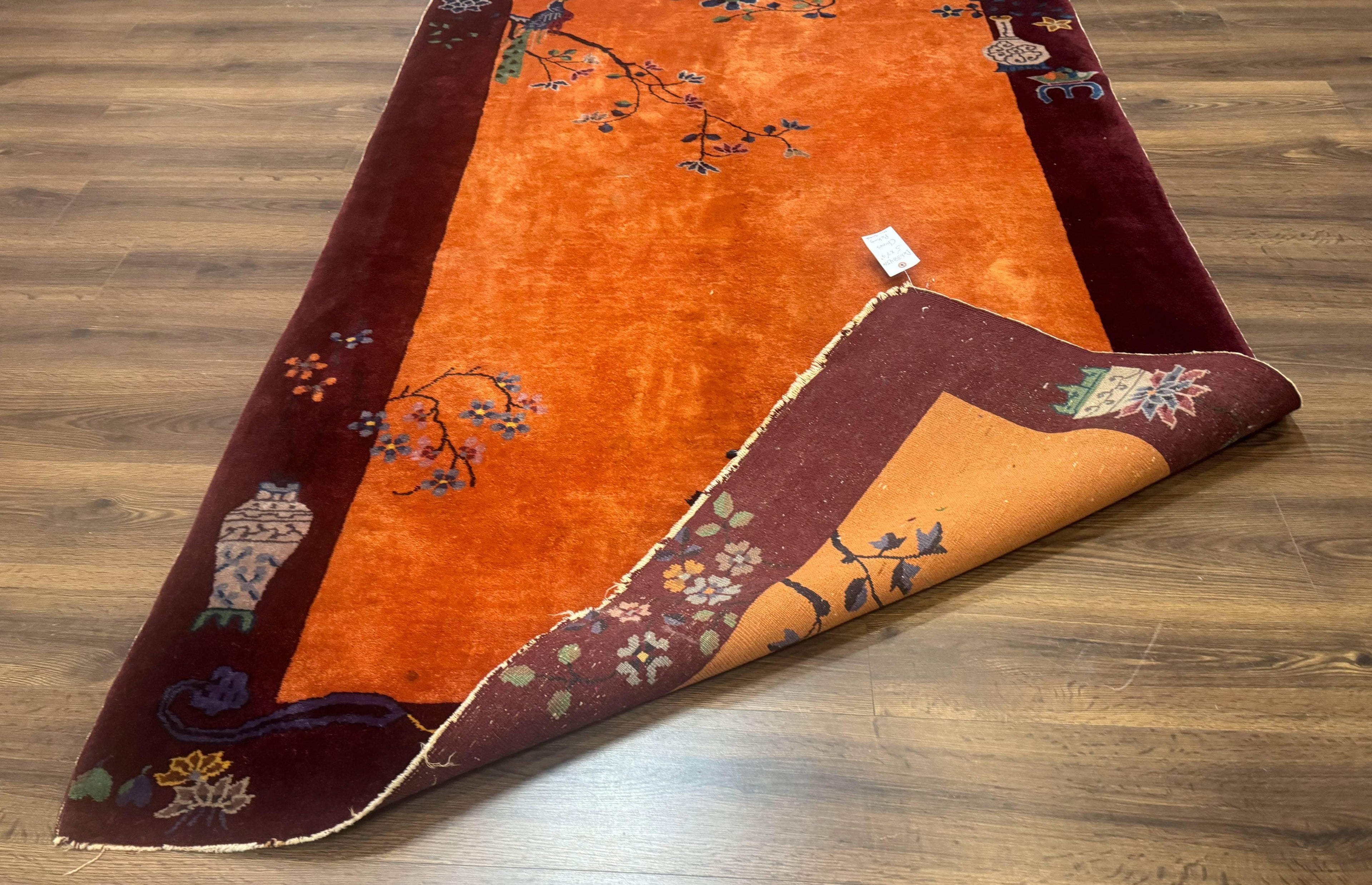 Chinese Art Deco Rug 5x8, Antique Chinese Wool Rug, Nichols Rug, Rare Chinese Carpet, Orange and Purple-Maroon