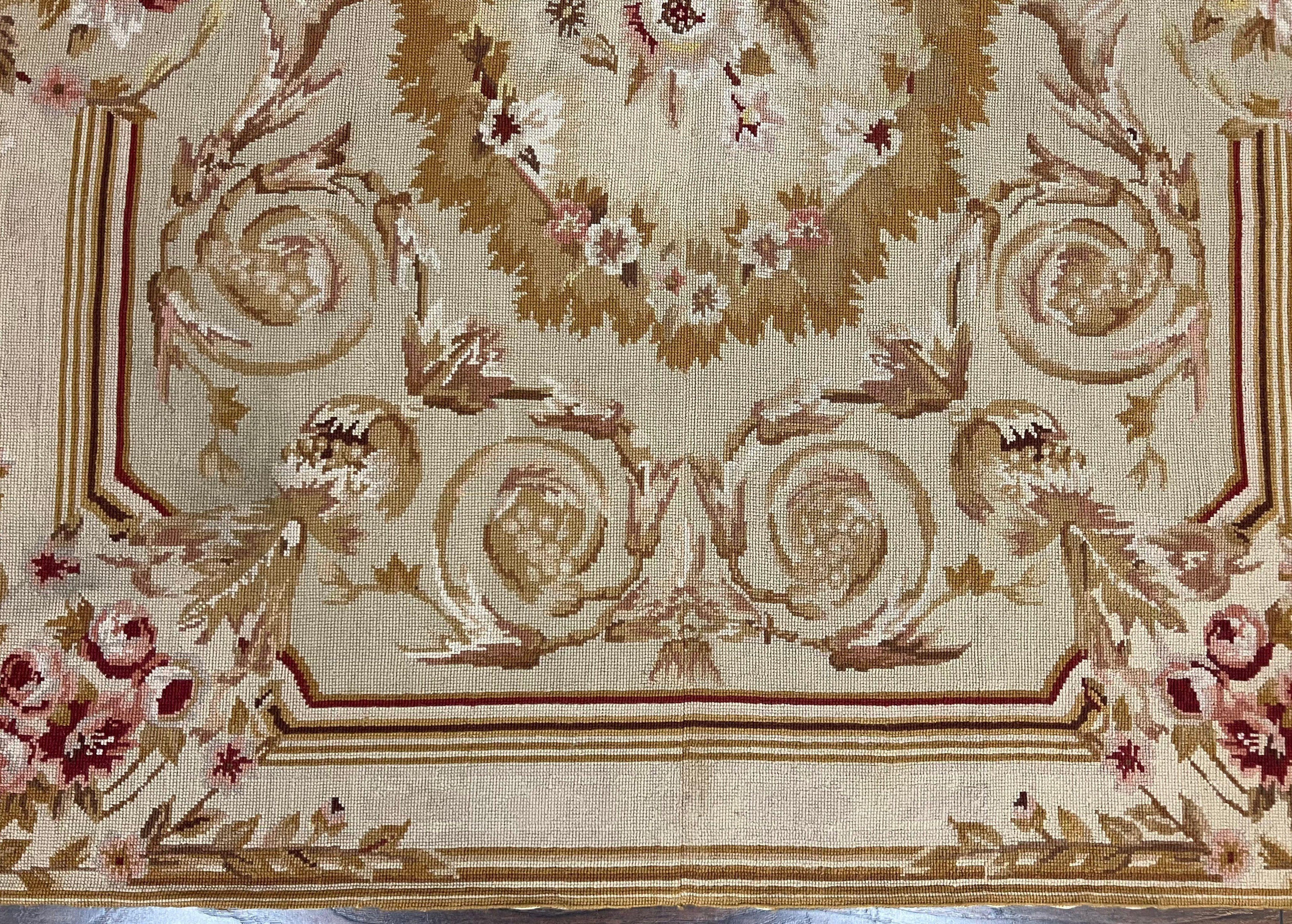 Aubusson Needlepoint Rug 4x5 ft, Beige and Tan, Aubusson Savonnerie Vintage Carpet, Handwoven Handmade Wool Rug, European Design Floral Rose