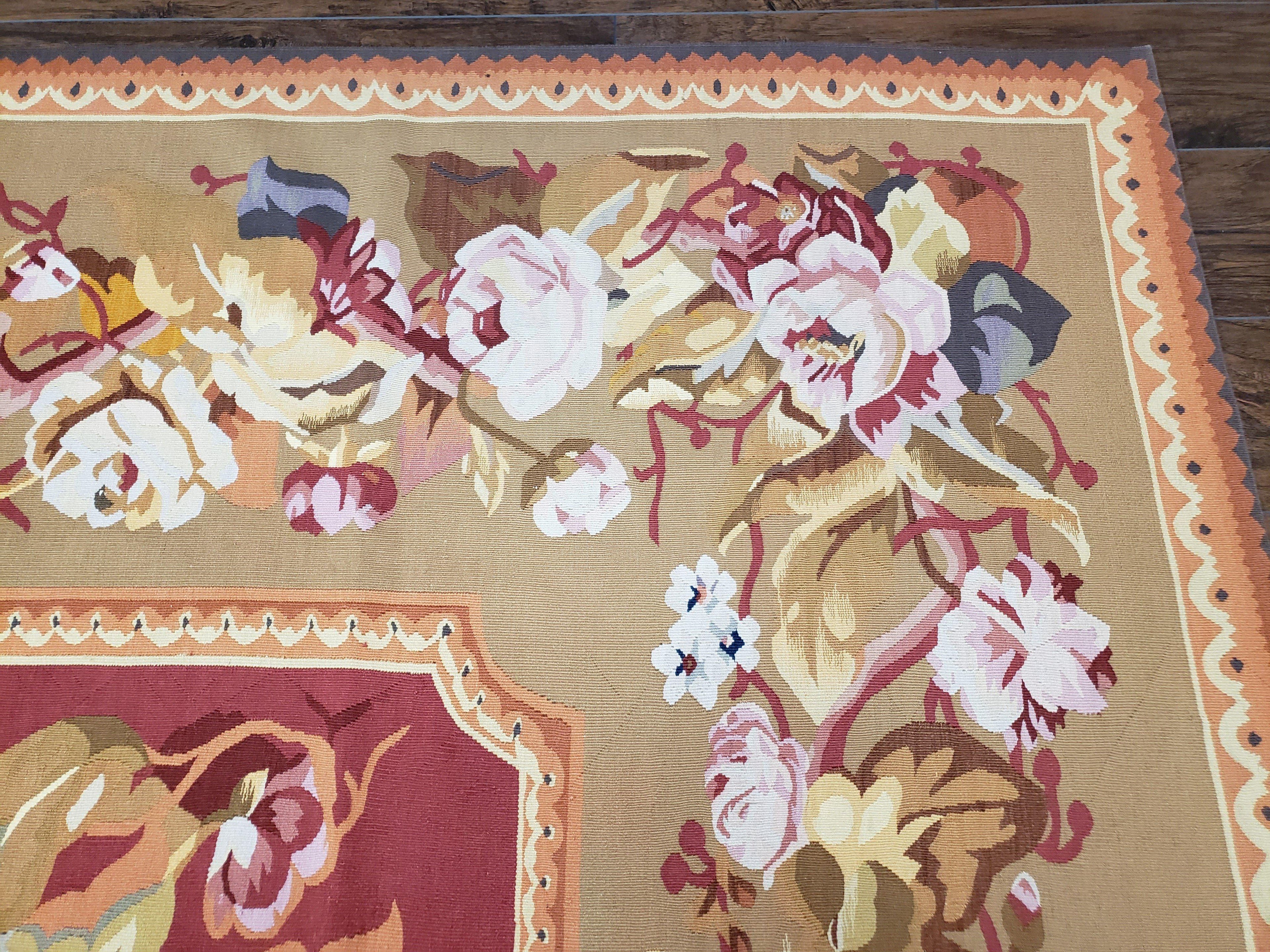 Vintage Chinese Aubusson Savonnerie Flat Pile Rug 9.9 x 14.5 Wool Handwoven Red & Khaki Large Flowers Rug 9x14 - 10x15 Michaelian Kolhberg
