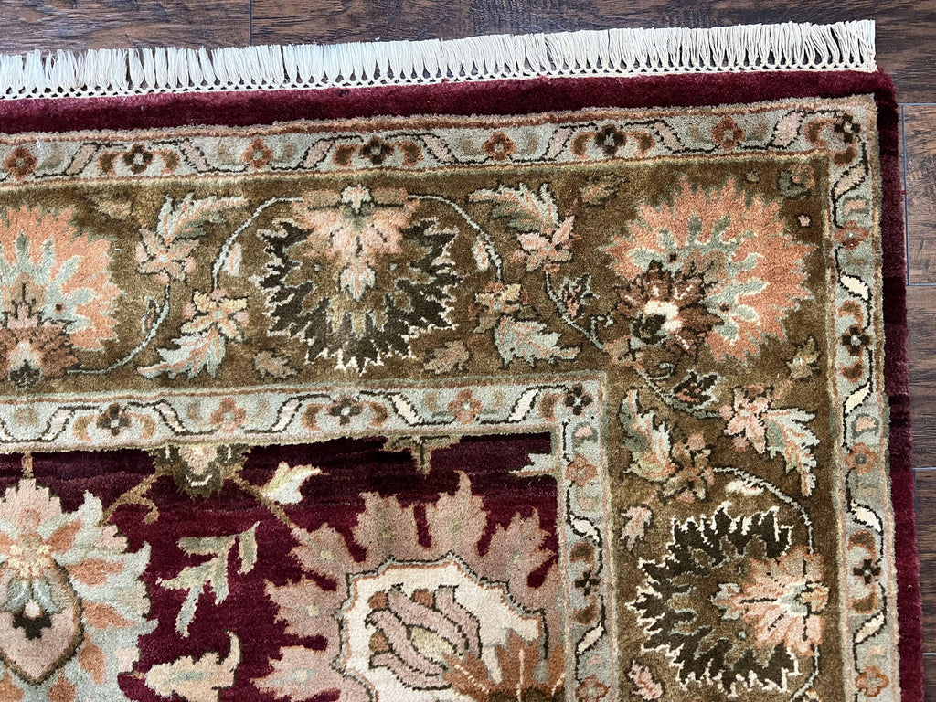 Indo Mahal Rug 6x9, Large Flowers Allover, Maroon and Green, Handmade Wool Area Rug, Vintage Rug, Indian Oriental Carpet, Hand Knotted Rug